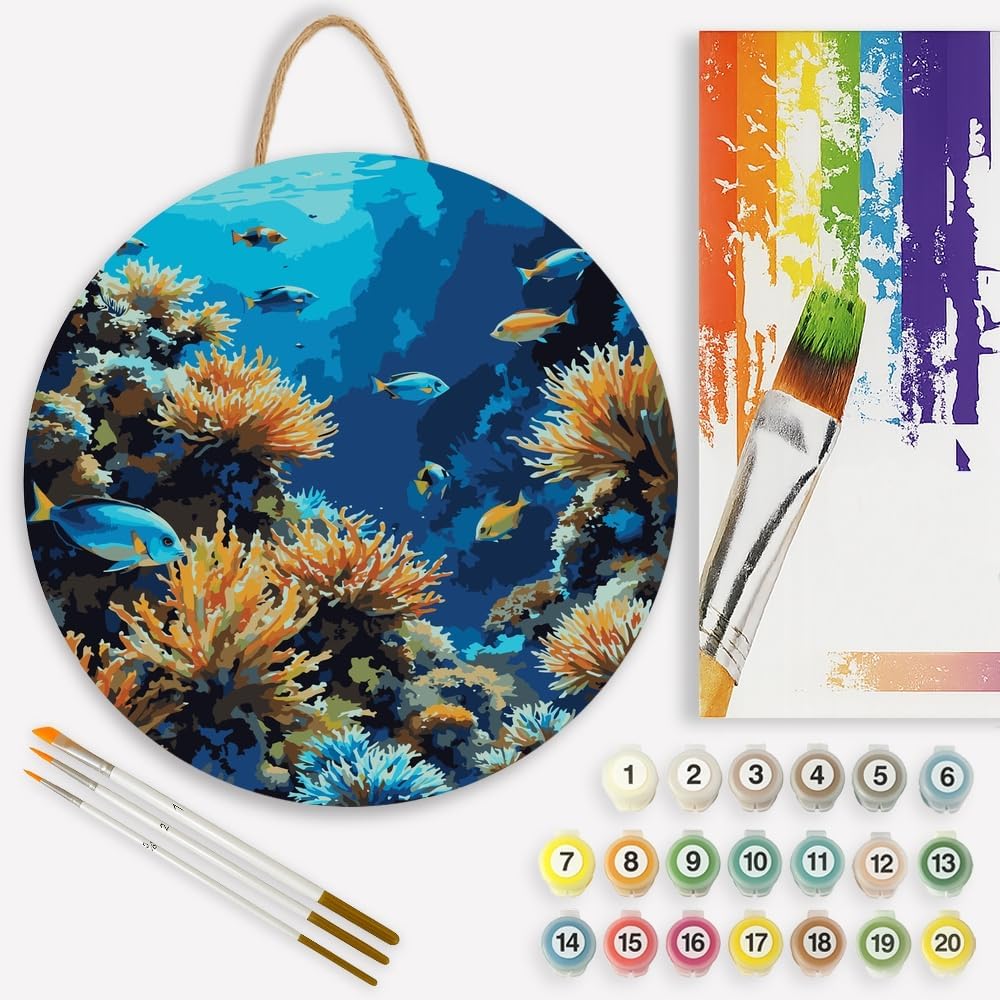 Ocean Life Paint by Numbers Kit for Adults on Wood Board – DIY Colorful Fish and Coral Underwater Wood Craft Painting Kit, 12 in Round, Acrylic Paint Set, Beginner-Friendly, Relaxing Home Decor Gift