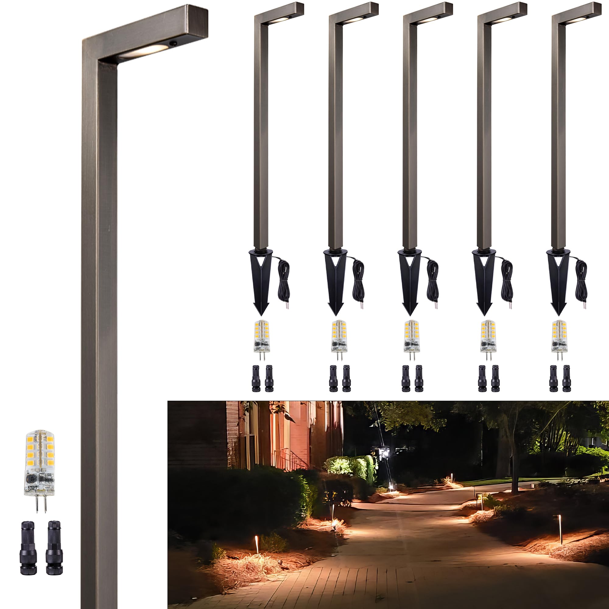 Gardenreet Outdoor Pathway Lights Brass, LED Landscape Path Lights, Low Voltage Driveway Lights Waterproof, L Shape 12V Wired Bronze for Walkway Sidewalk with 3W 270LM 2700K G4 Bulb 6 Pack