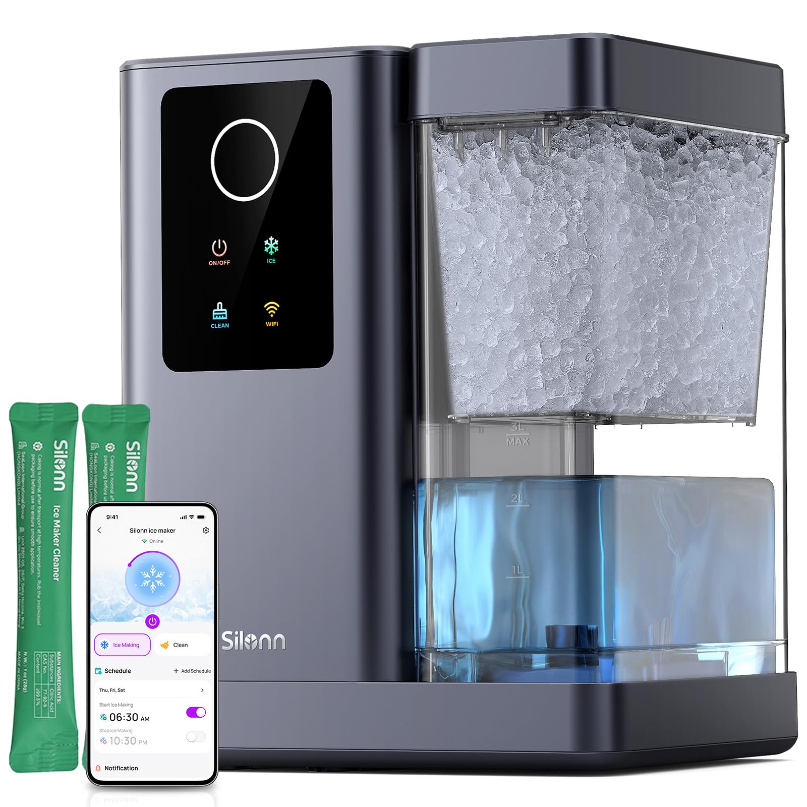 Silonn Nugget Ice Maker Countertop with App & Voice Control, 40 lbs/24H Pebble Ice Machine, 3L Water Tank, Self Cleaning Sonic Ice Maker, Soft Chewable Ice for Home, Kitchen, Party | Fridge.com