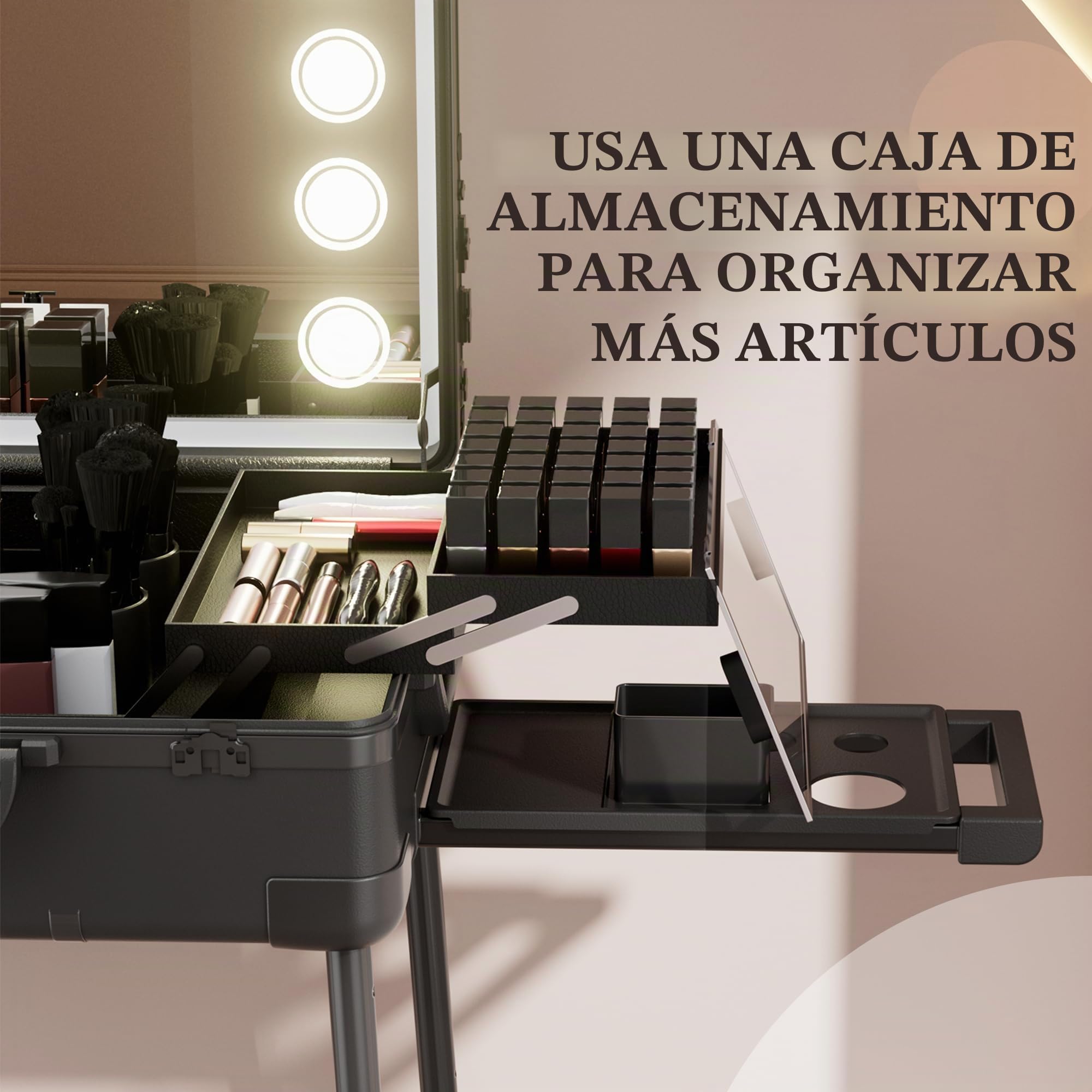 Estuche de Maquillaje con Ruedas de Aluminio, Espejo Grande con Iluminación LED, Organización de Cosméticos con Cerradura con Código, Estación de Maquillaje Plegable para Estudio y Viajes, Negro