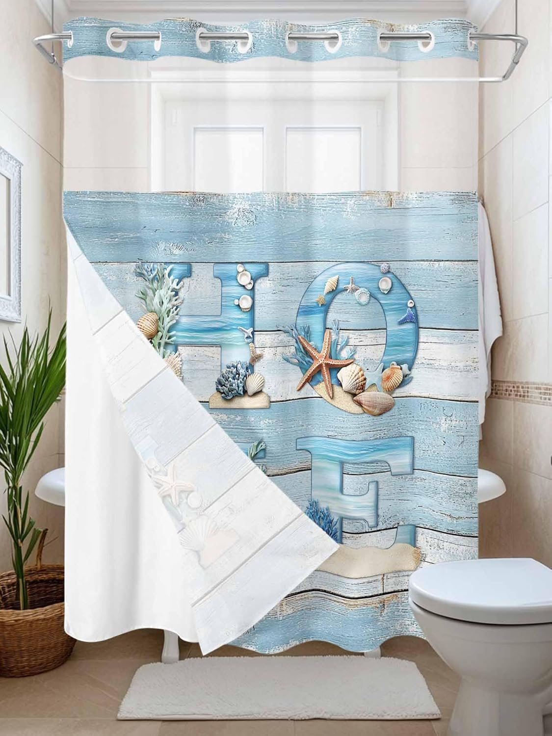 No Hook Shower Curtain with Snap in Liner, Summer Ocean Beach Shell Home Quote Waterproof Bath Curtain Double Layers with See Through Top Window, Farm Blue Wood Board Hotel Shower Curtains