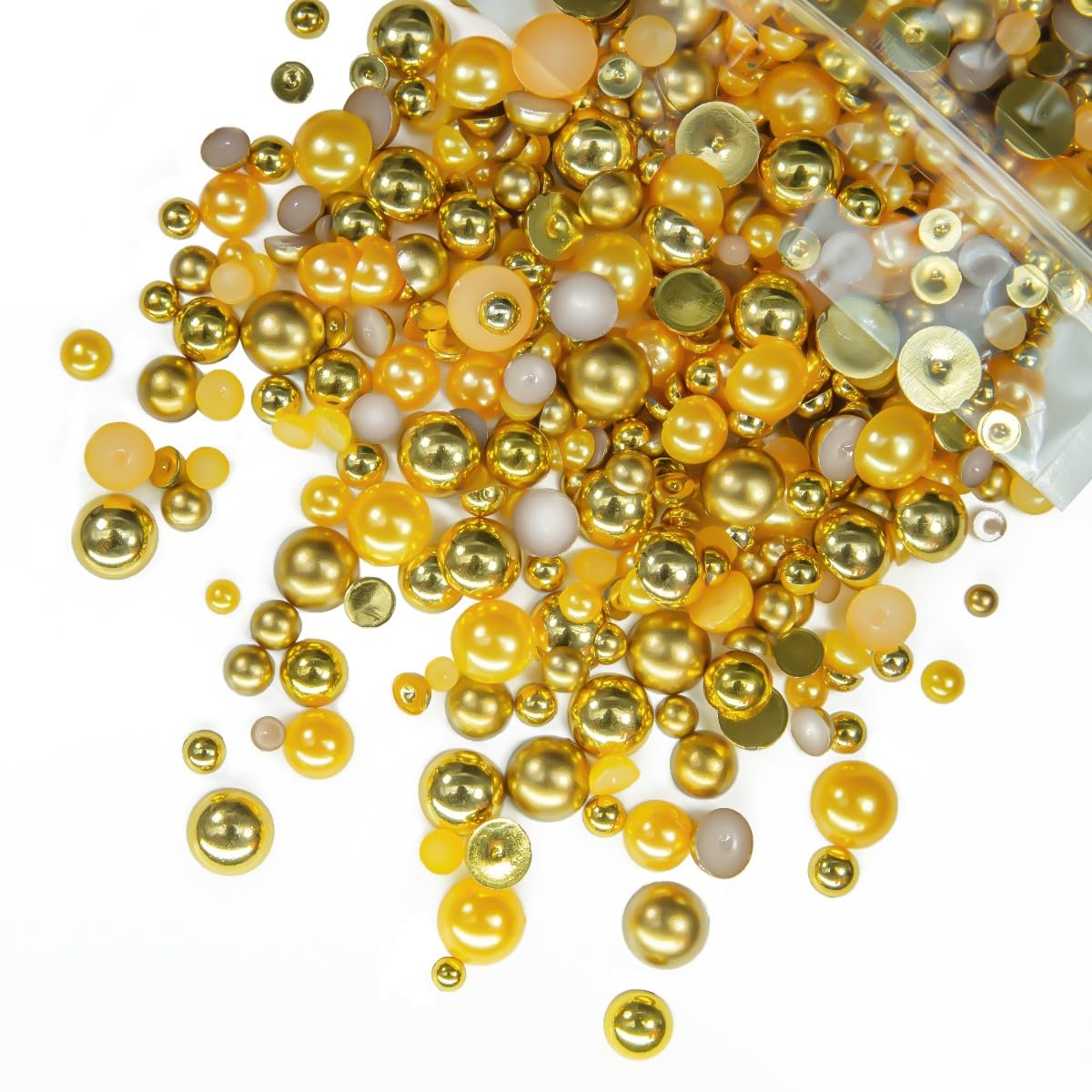 qiipii 51g Half Round Pearls for Crafting Bright Gold Matte Golden Set Colorful 4-10mm Mix Sizes Flatback Beads Charms for Nails Face Eyes Makeup