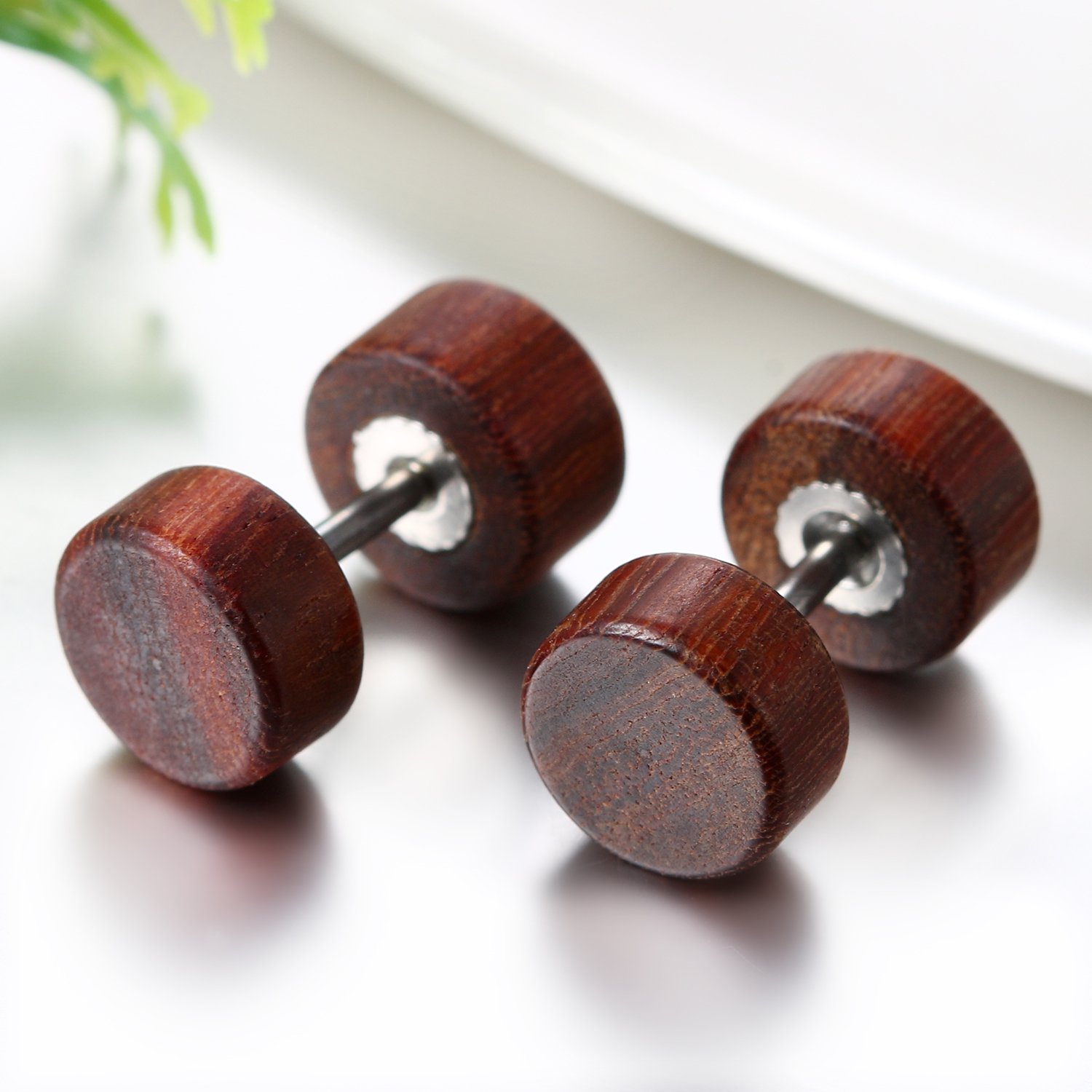 JewelryWe 1 Par Pendientes Madera Acero Inoxidable Pendientes Studs Pequeños de Hombre Mujer Unisex, Marrón Aretes Redondos de Tapones Pendientes 8-10mm