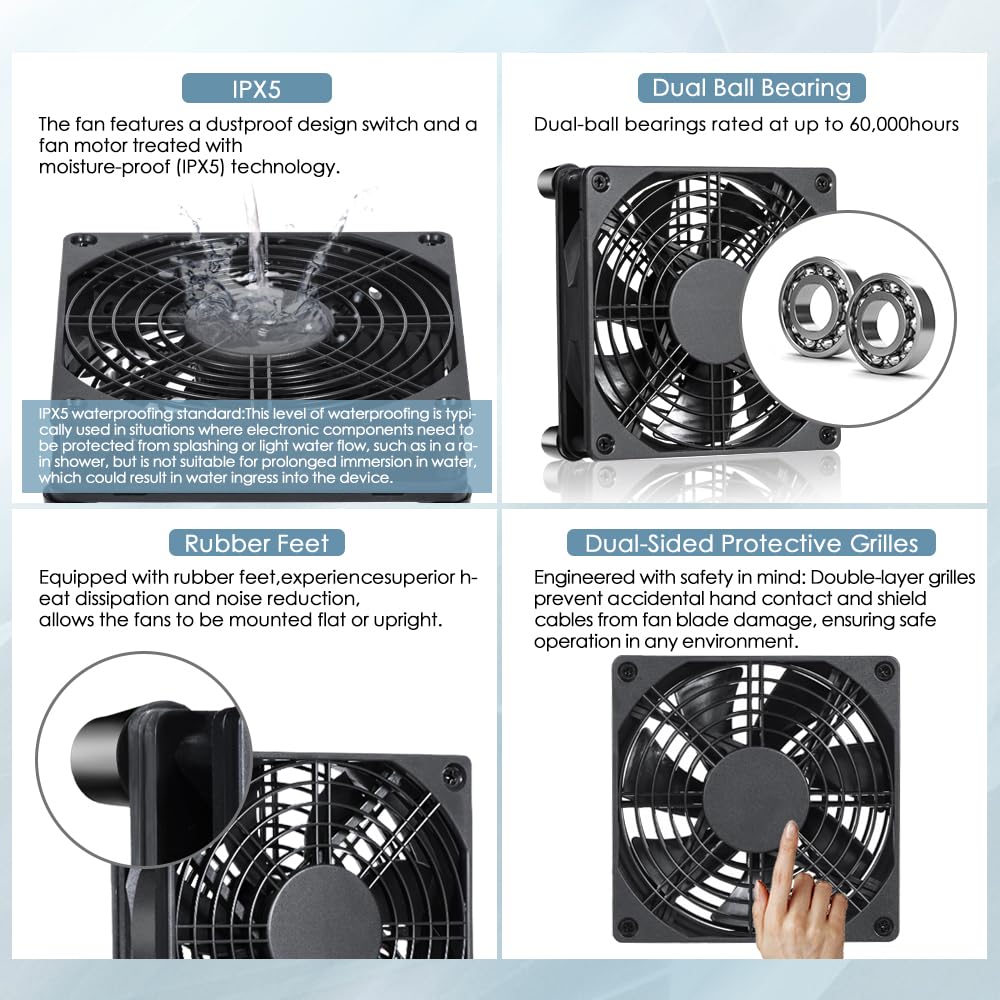xiaoqijia - Ventilador de caja de refrigeración IPX5 ajustable de 140 mm, 10 velocidades para receptor, DVR, Xbox, TV, Box, router, 5 V, 12 V, alimentación USB/CC