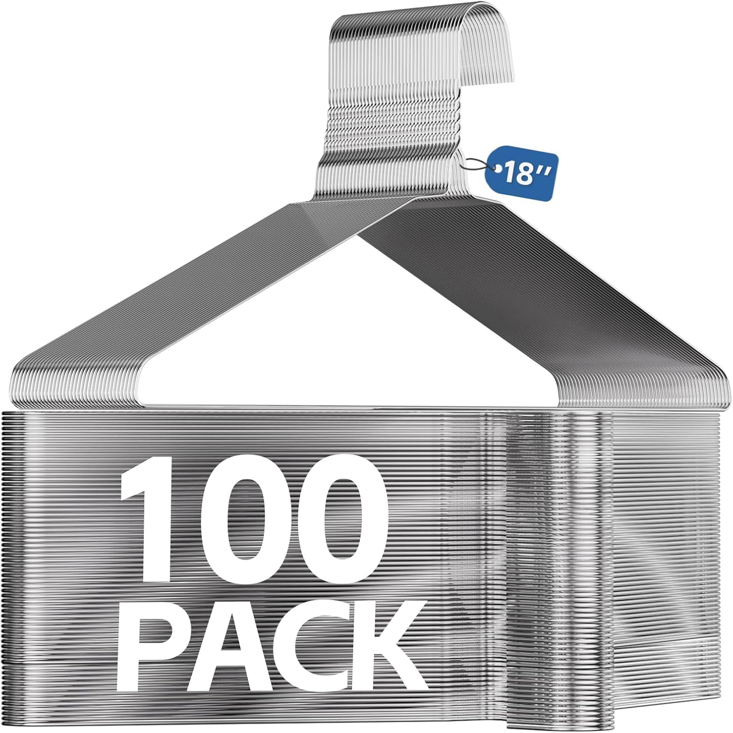 SPECILITE 18 Inch Wire Metal Clothes Hangers Bulk 100 Pack for Large Size Suits, Coats, Shirts, Pants, Skirts, Space Saving, Non Slip,12 Gauge Ultra Thin, Silver