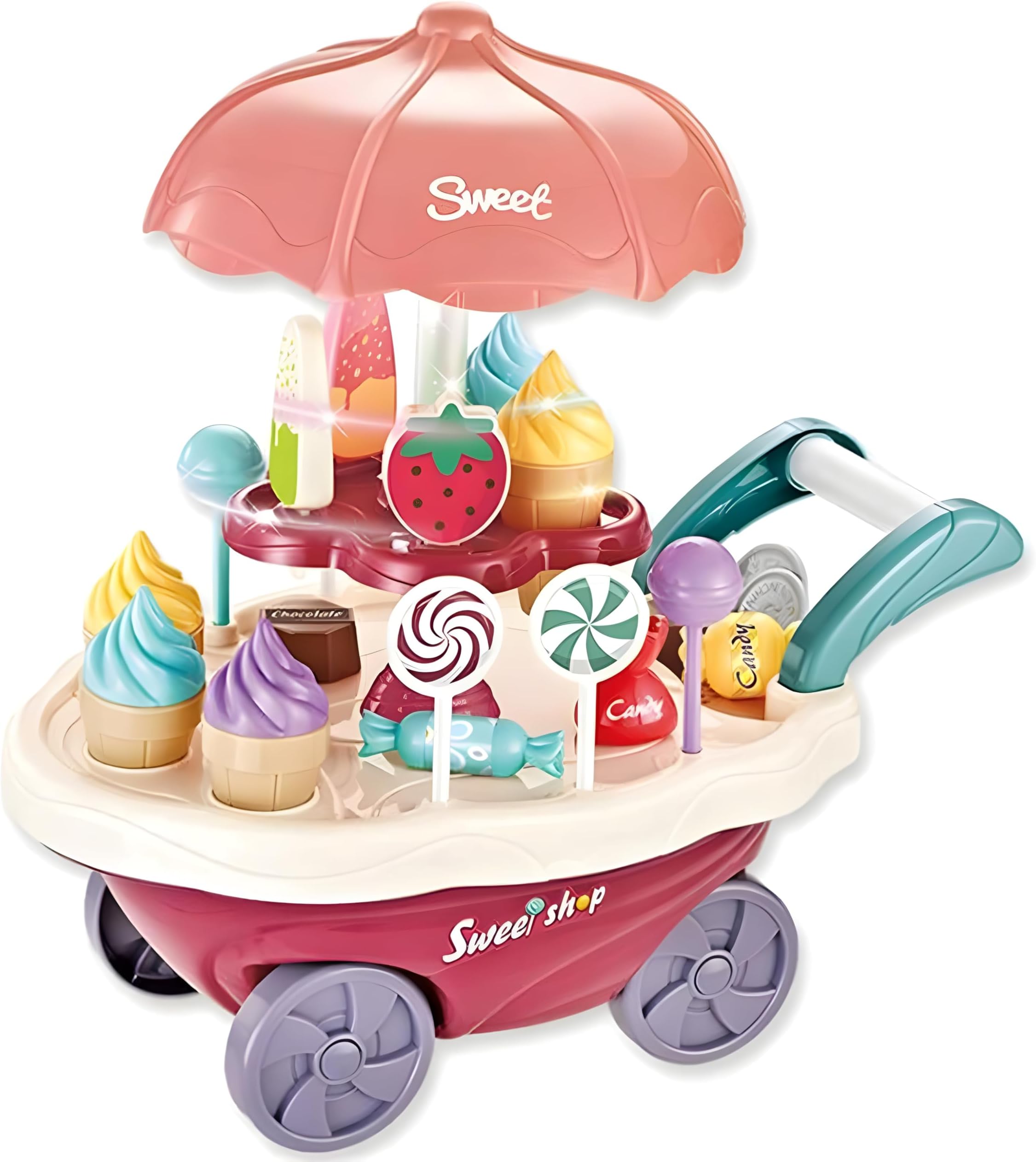 LUMO BRILLIANT TOYS Pretend Play Toys Home Candy Cart Toys for Kids Ice Cream Candy Toy Cart Play Set with Music and Lights for Kids 30 Pcs โ Multicolor