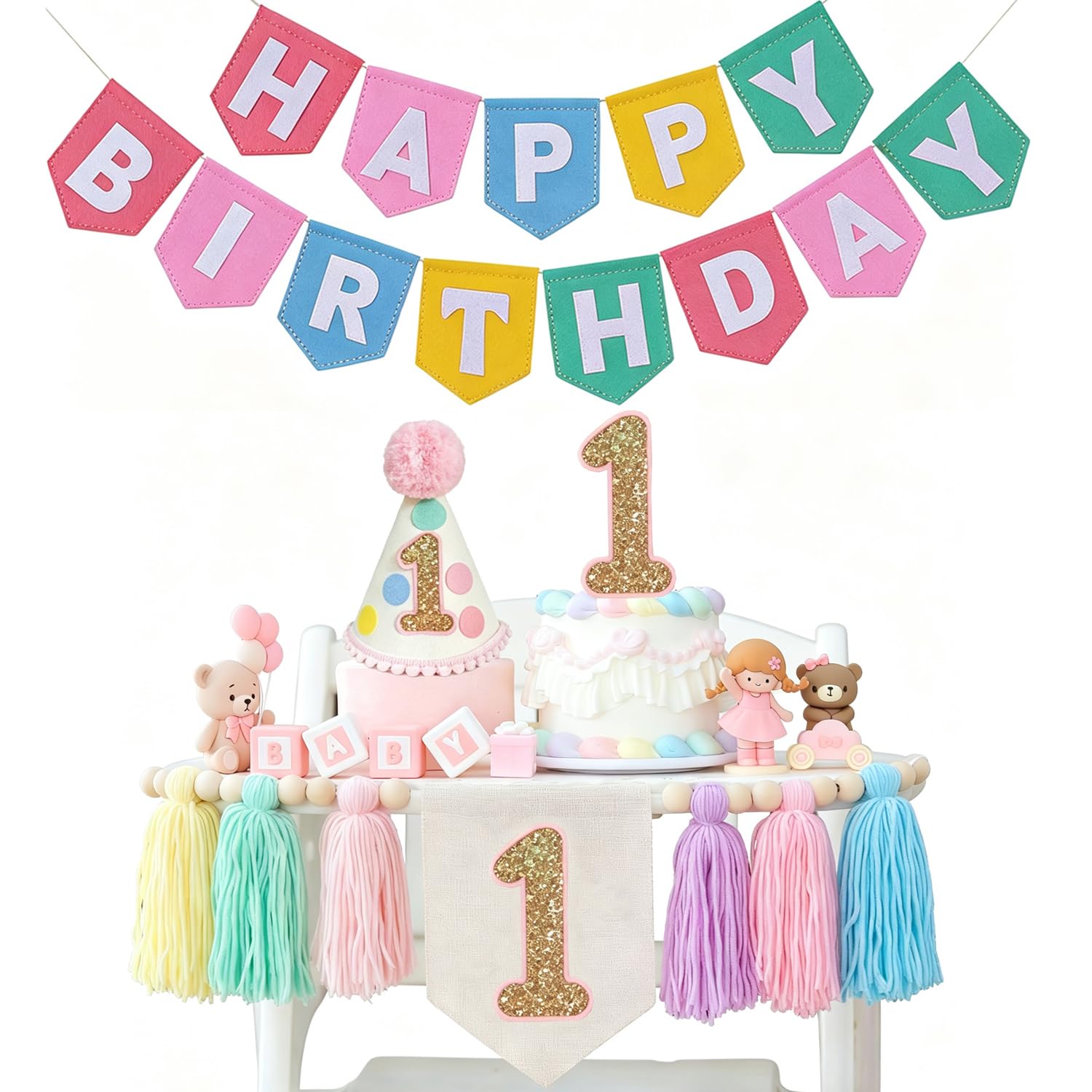 Rainbow 1st Birthday Decorations For Girls-Pastel Macaron Rainbow High Chair Banner Felt Happy Birthday Banner，Pre-Strung Birthday Party Decorations For 1st Girl Birthday Backdrop (Multi One)