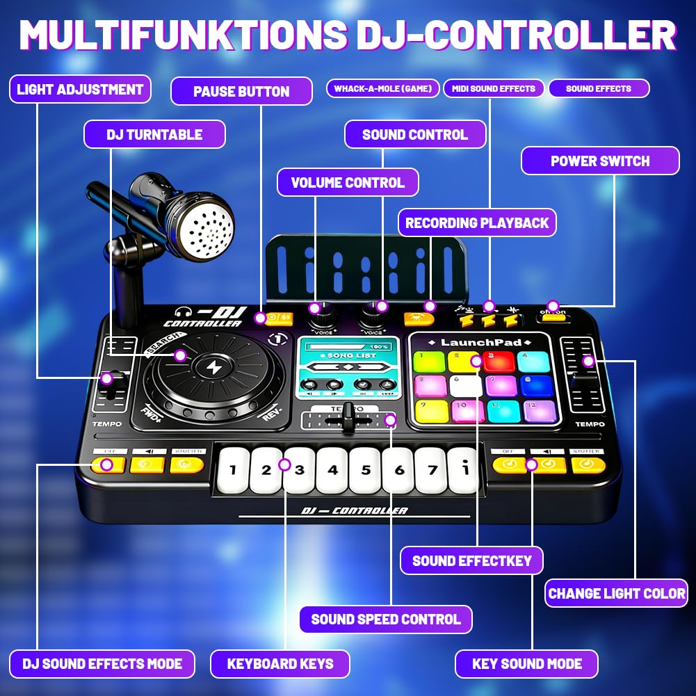 Dj Pult per bambini, mixer DJ con microfono, Dj Pult principianti, mixer Dj bambini, 100+ effetti sonori, luce, regalo giocattolo per ragazzi ragazze 3-10 anni, per streaming, canto