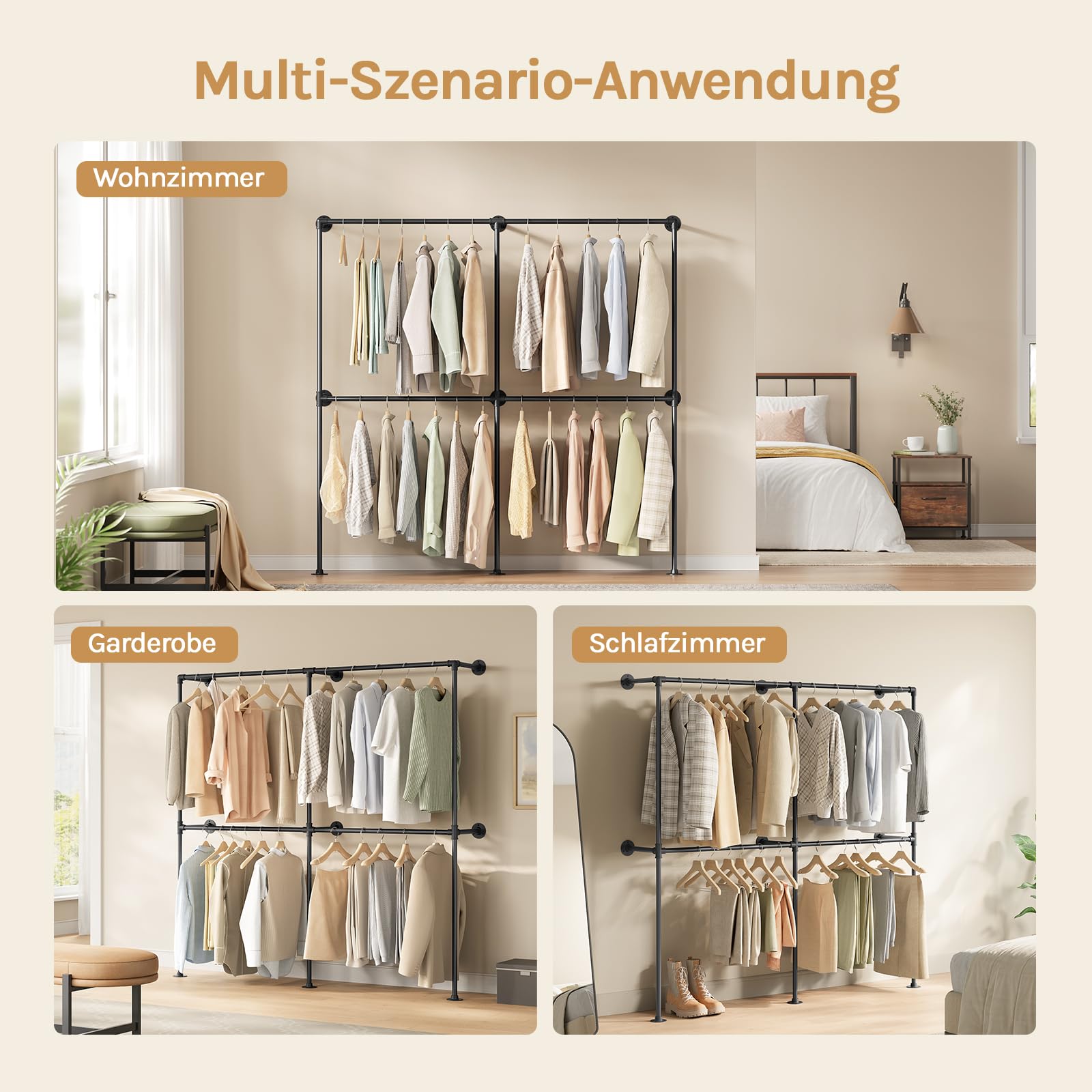 WOLTU Kleiderständer Wandmontage, Offener Kleiderschrank, Garderobenständer industriell, für Wohnzimmer Schlafzimmer Büro, Kleiderstange mit 4 Stangen, Schwarz, 193 x 187 x 36,5 cm