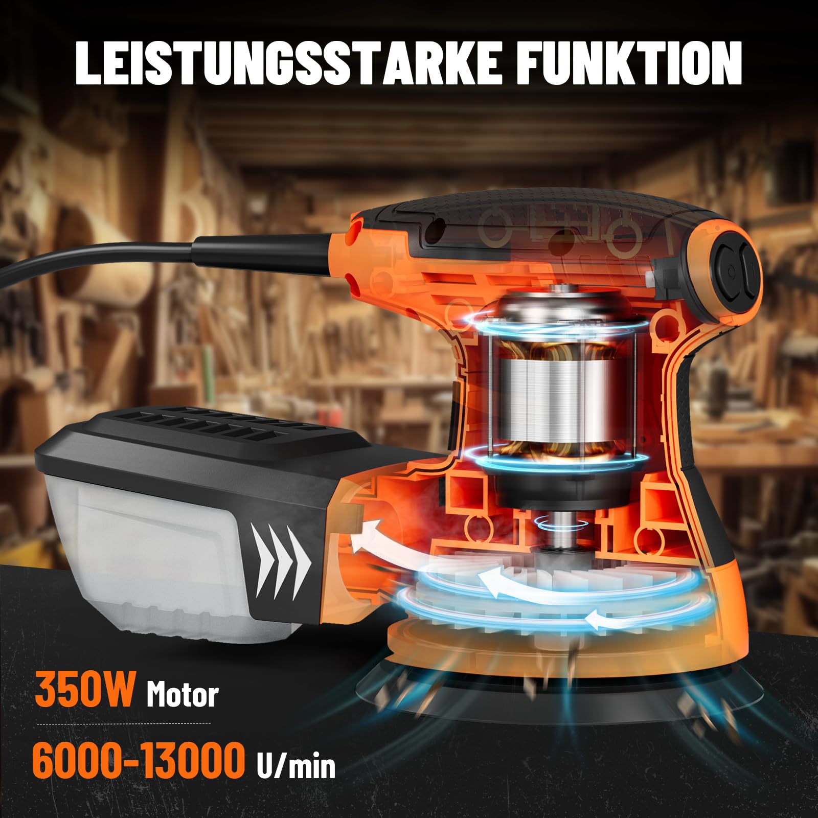 DOVAMAN ROS01A Exzenterschleifer 350W, 6-stufige Drehzahlregelung bis 13.000 U/min, 125mm Schleifmaschine, mit Staubabsaugung & 12 Schleifpapieren, für Holz- und Metalloberflächen