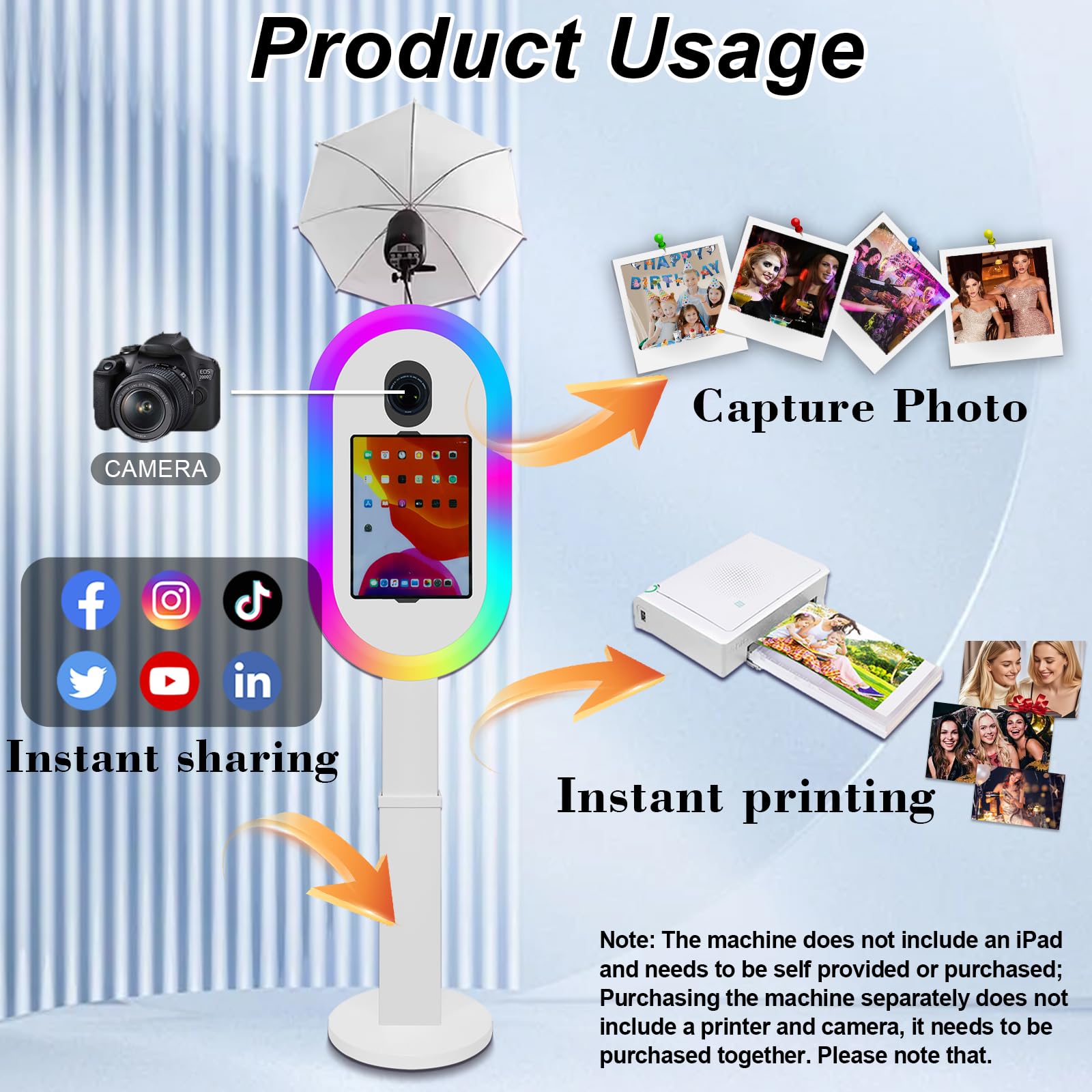 Cabina de Fotos Compatible con iPad Photobooth para luz RGB (10.2-13 Pulgadas) y Soporte de Piso para Linterna con Funda de Vuelo para Bodas, Eventos, cumpleaños (Blanco, máquina de fotomatón)