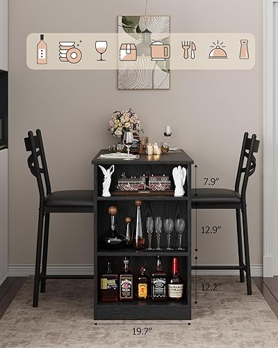 Miniatura 5 de Juego de mesa de bar y sillas Garvee, juego de mesa de bar de 3 piezas con extensión superior abatible y estantes de almacenamiento, juego de mesa