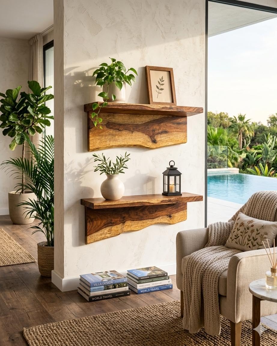 Dreamy design Acacia Wood Live Edge Floating Wall Shelf Set of 2 | Solid Natural Wood Wall Mounted Shelves | Rustic Display Shelf for Living Room, Bedroom, Kitchen, Bathroom & Home Décor-image-18