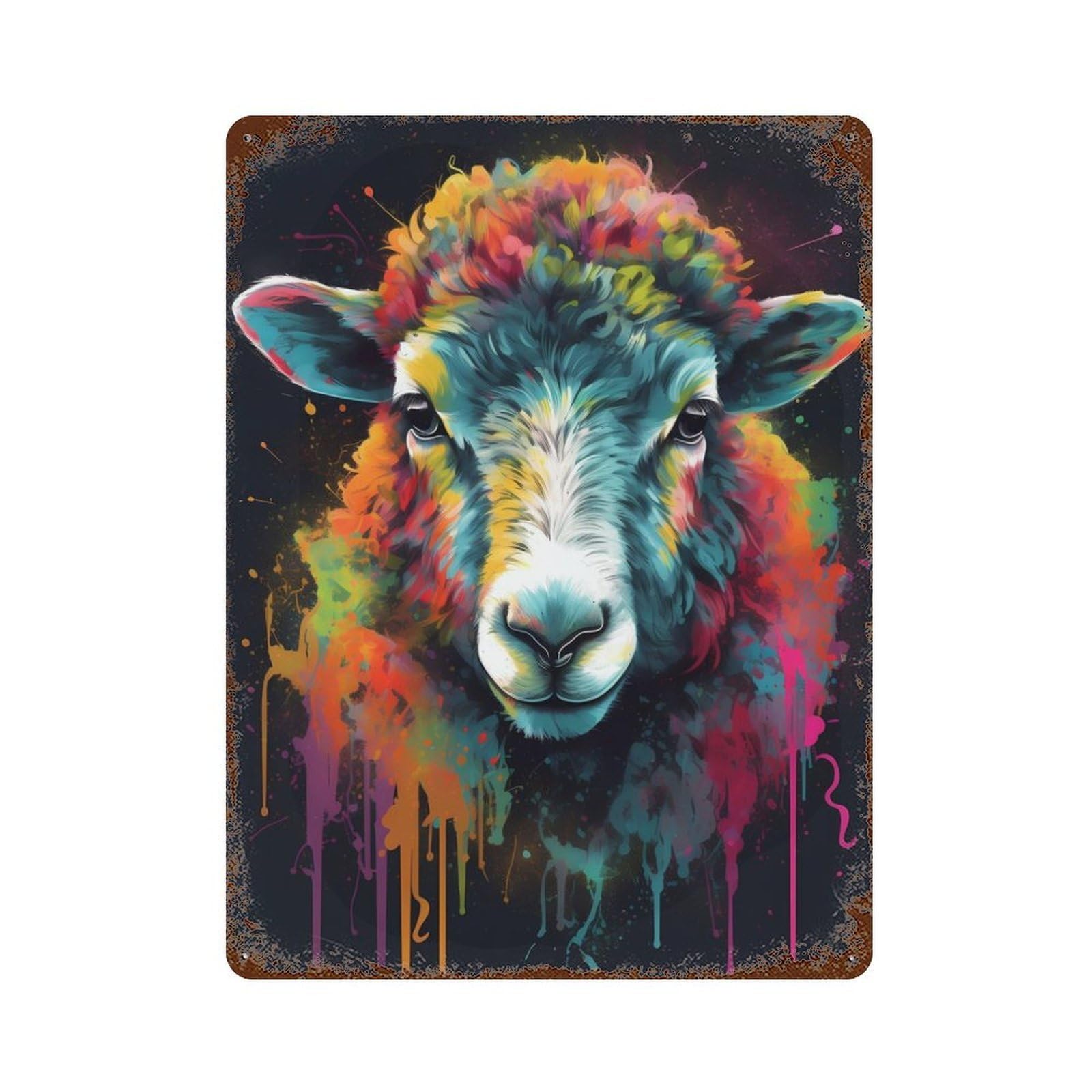 Garage Style Colorful Sheep With Drips Aged Metal Wall Plaque 15.7"x11.8", Vintage Wall Decor for Bar And Workshop