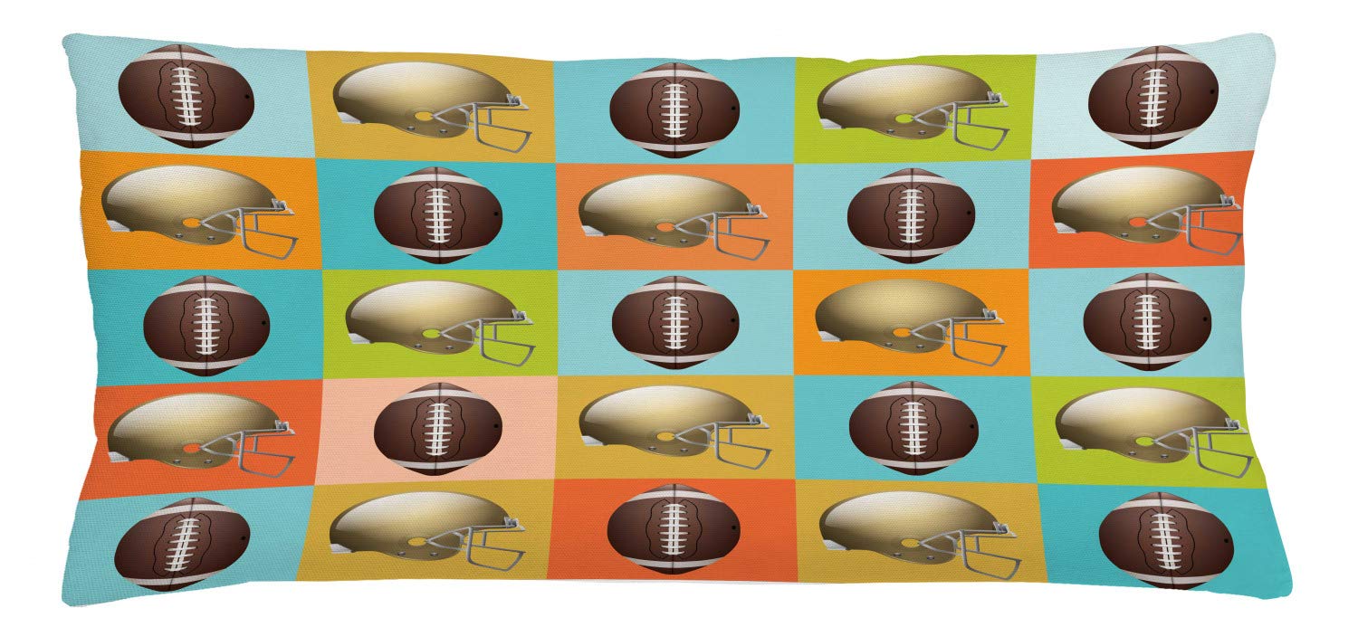 Lunarable Football Throw Pillow Cushion Cover, Colorful Squares Mosaic Pattern of Protective Equipment and Balls College Activity, Decorative Rectangle Accent Pillow Case, 36