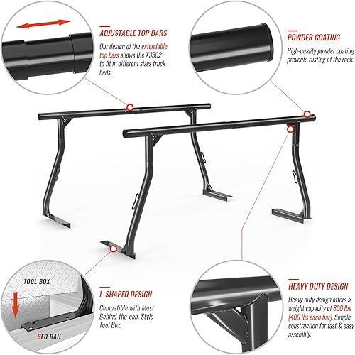 Miniatura 4 de AA-Racks - Soporte de escalera de acero extensible de 800 libras de capacidad para camioneta, juego de dos barras ideal para uso constructivo, negro