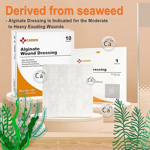 Miniatura 9 de Carbou Apósito para heridas de alginato de calcio plateado con parches de 3 x 3 pulgadas, 10 almohadillas estériles individuales, gasa suave y