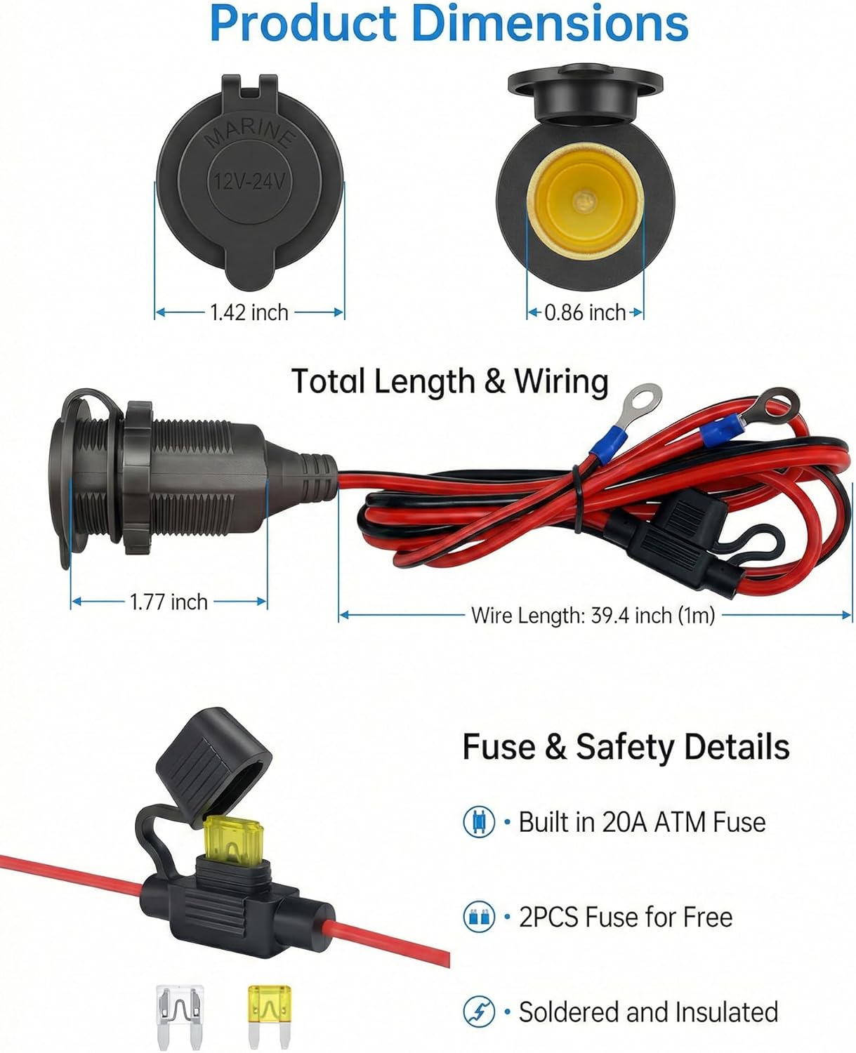 3FT 12V Fixed Thread Cigarette Lighter Socket Extension Cable, 12V Waterproof Outlet Socket Replacement 13AWG Heavy Duty Cable