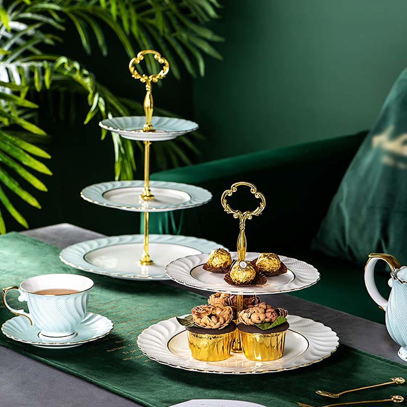 Présentoir à gâteaux à 3 étages en céramique amovible Table à dessert pour thé de l'après-midi Support à dessert Plateau à dessert multifonction avec poignée