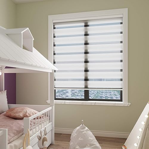 Changshade RBS22WT72A - Persiana enrollable sin cordones estilo cebra con cajón, dos capas de malla y tela opaca para el día y la noche, 22 pulgadas