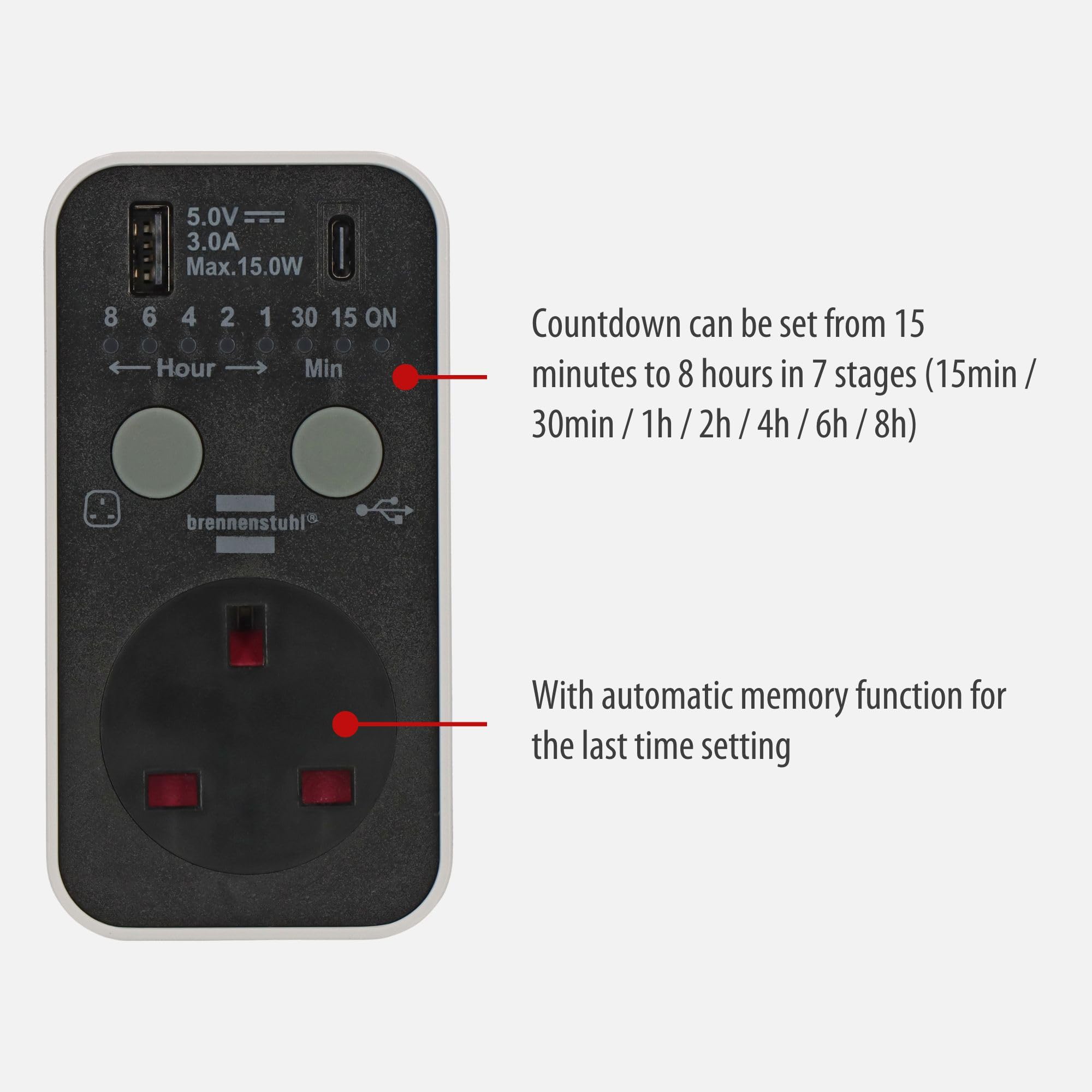 Brennenstuhl Digital Timer Plug with USB A and USB C (Countdown Timer for indoor use countdown adjustable in 7 steps - Image 3