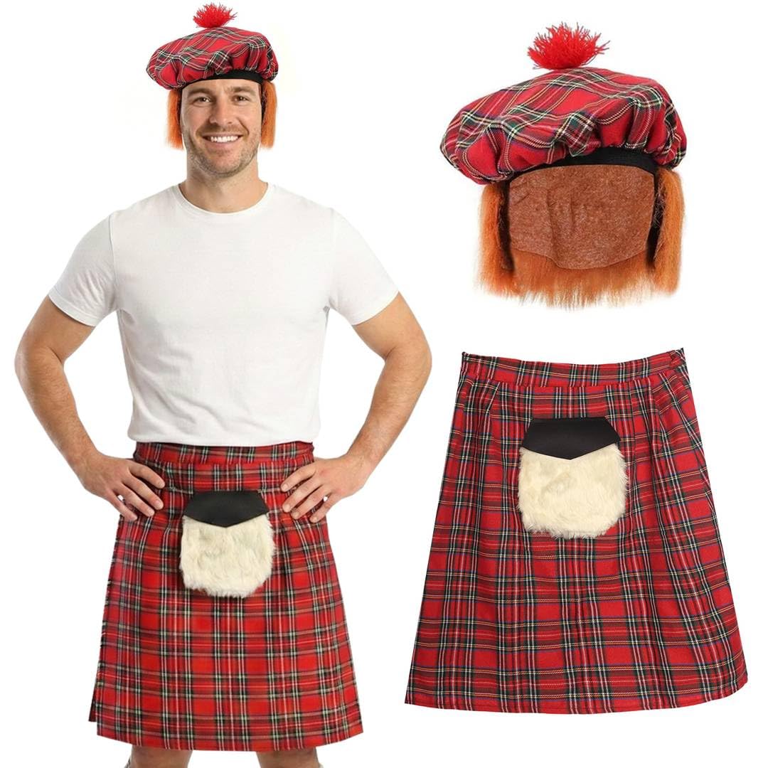 Scottish Scotsman Tartan Costume Set: Kilt with Attached Zipped Sporran & Tam o' Shanter Hat with Hair - Highland Scotland Burns Night St Andrews Day Fancy Dress Costume