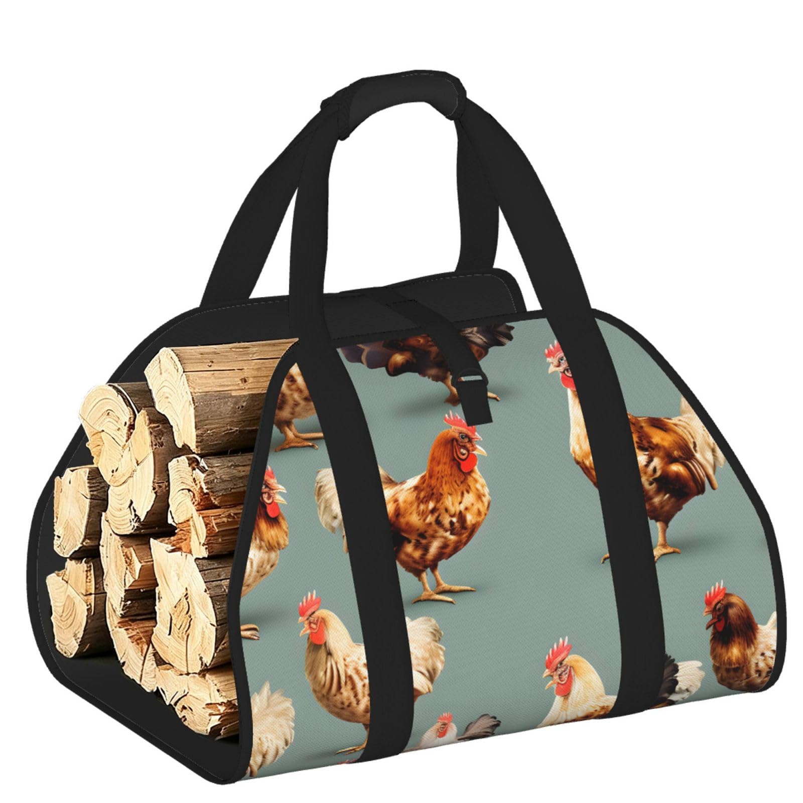 Chicken Prints Printed Firewood Carrier Bag, Log Tote with Open-Ended Design for Camping Outdoor Wood Hauling