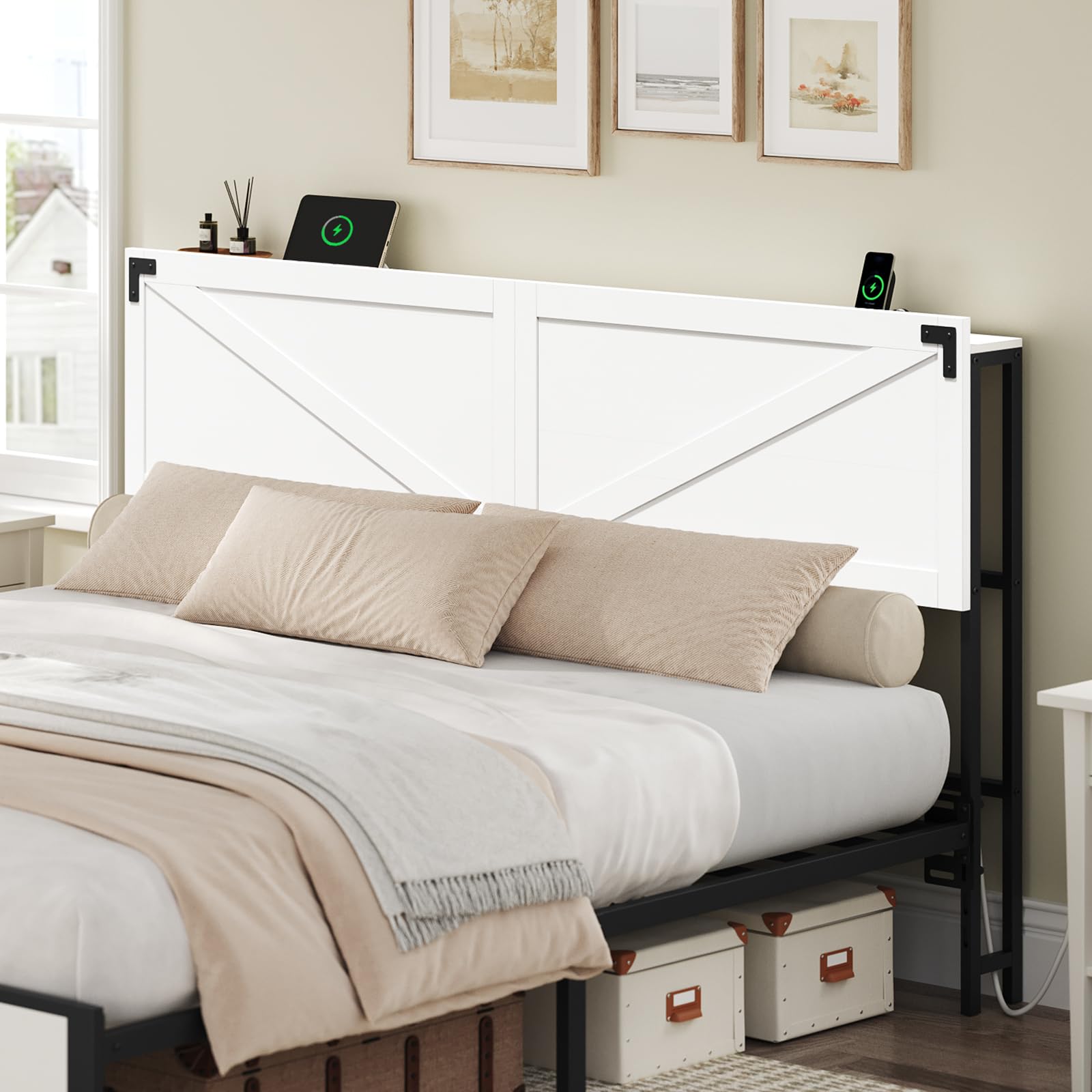 King Size Headboard Only Headboard with 2 Outlets and 2 USB Ports Farmhouse Headboard with LED Lights Secure
