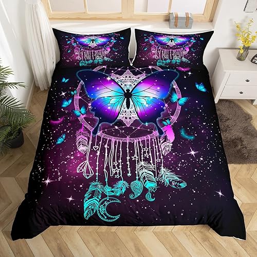 Miniatura 5 de Manfei Juego de funda de edredón de mariposa tamaño matrimonial, juego de ropa de cama bohemio de atrapasueños de 3 piezas para niños, niñas y