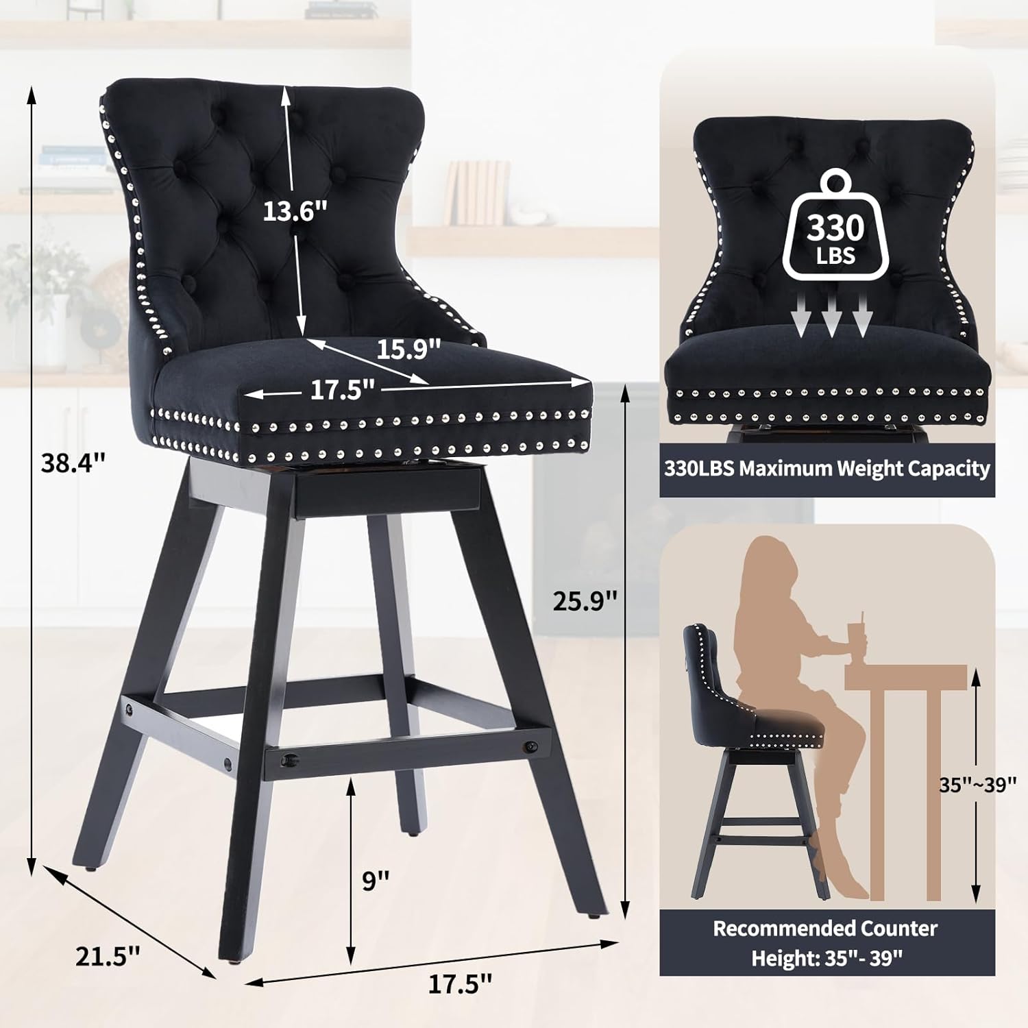 cinkehome Counter Height Swivel Bar Stools Set of 4, Velvet Upholstered Counter Bar Stools with Back, Bar Chairs with Solid Wood Legs for Kitchen Island Pub (Black, 26" H)