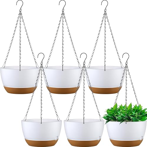 Remerry Juego de 6 macetas colgantes de 11.2 pulgadas para plantas de interior y exterior, juego de macetas colgantes de plástico con agujeros de