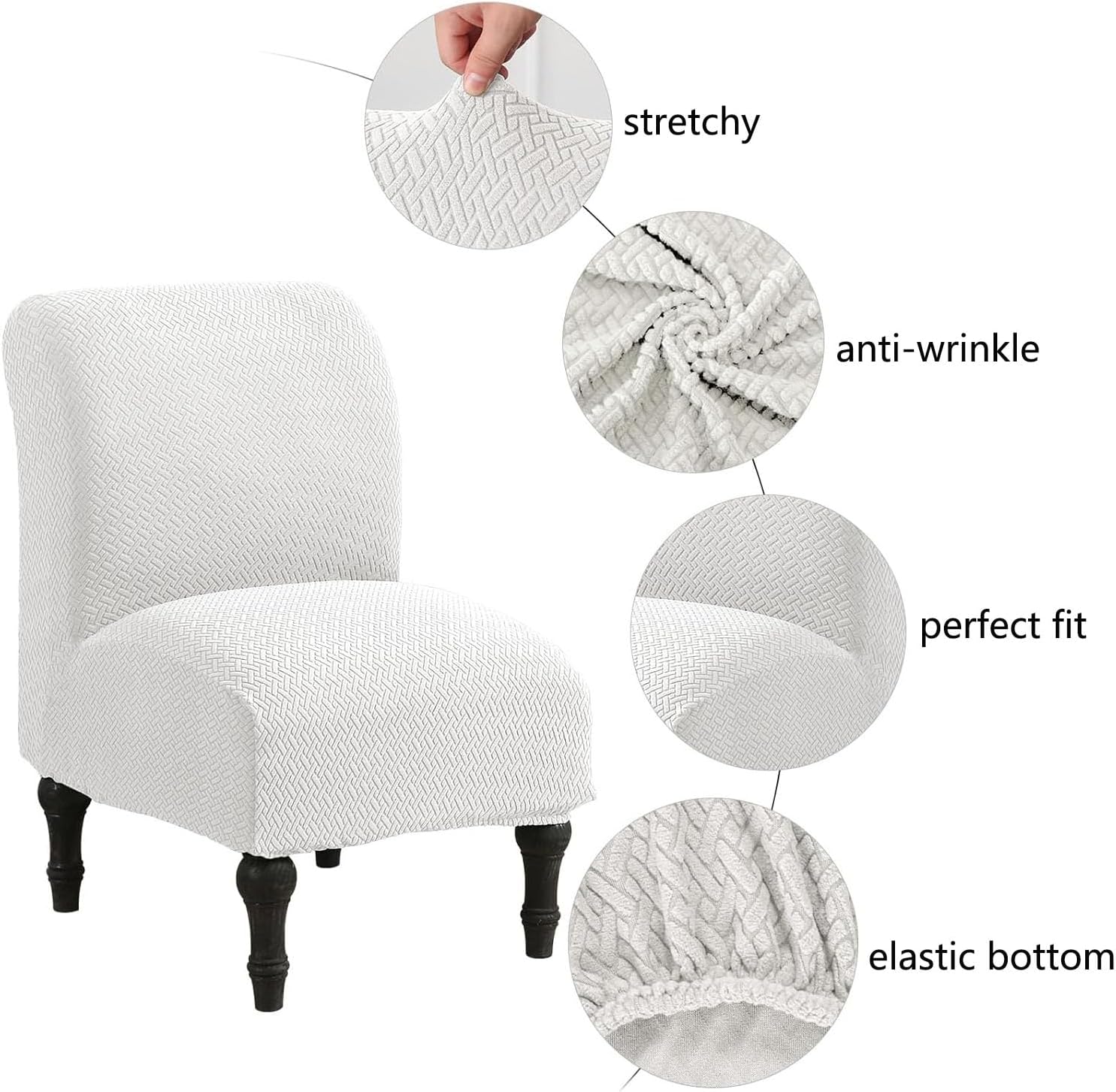 Jacquard Elastic Armless Chair Cover, 3D Pattern, Non-Slip Bottom Edge Design, Suitable for Multiple Scenarios(White,2pcs)
