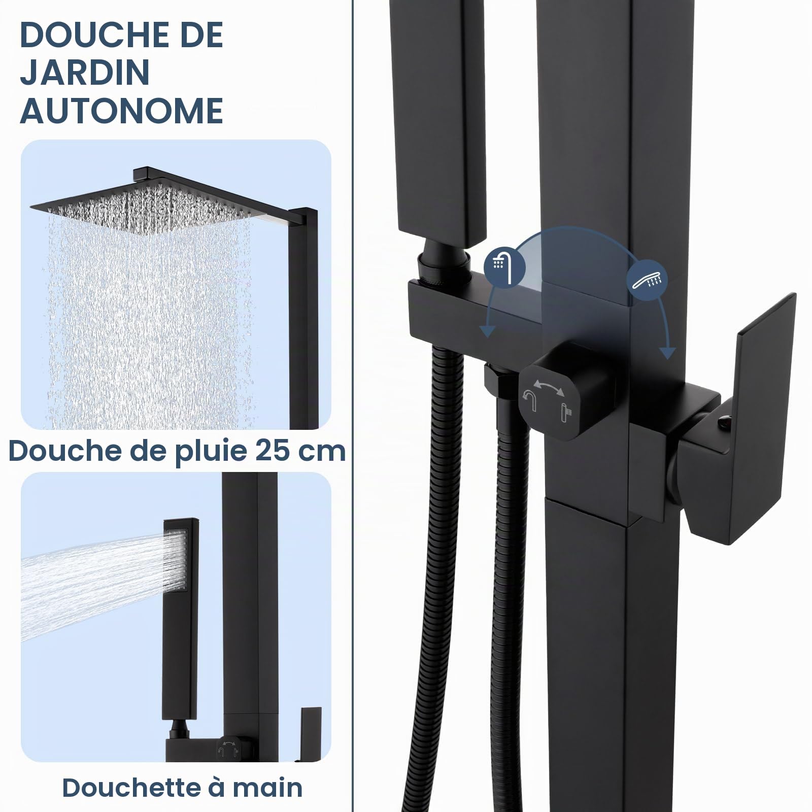 Douche Extérieure de Jardin Autoportante en Acier Inoxydable, Douche de Piscine Extérieure avec Douche Pluie et Douchette à Main, Eau Chaude et Froide, Idéale pour Jardin, Piscine et Villa