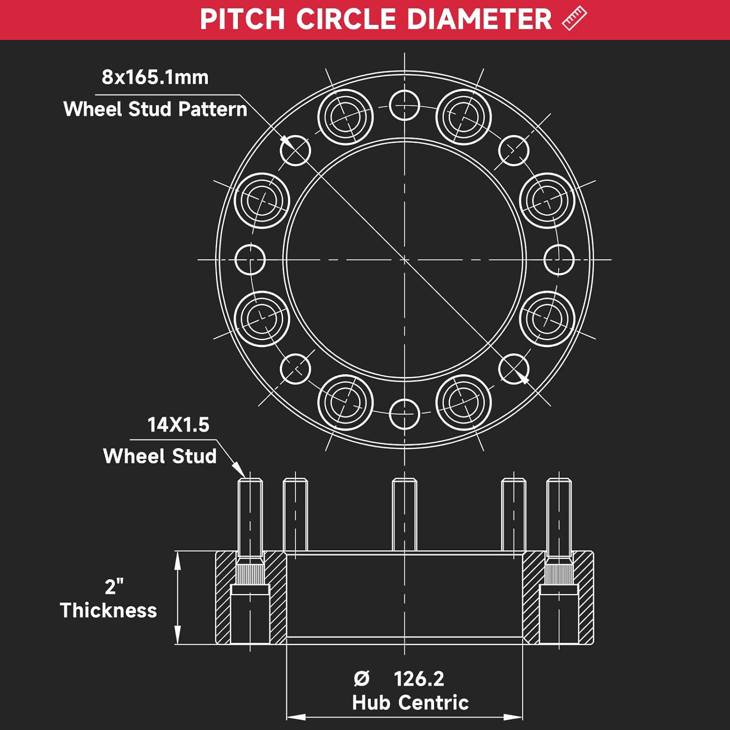 UIU 2 Inch 2pcs 8x6.5 Wheel Spacers, Forged 2.0" (51mm) 8x165.1mm to 8x165.1mm Thread Pitch 14X1.5 Hub Bore 126.2mm Adapters for 1992-1999 C2500 Suburban & K2500 Suburban, Black