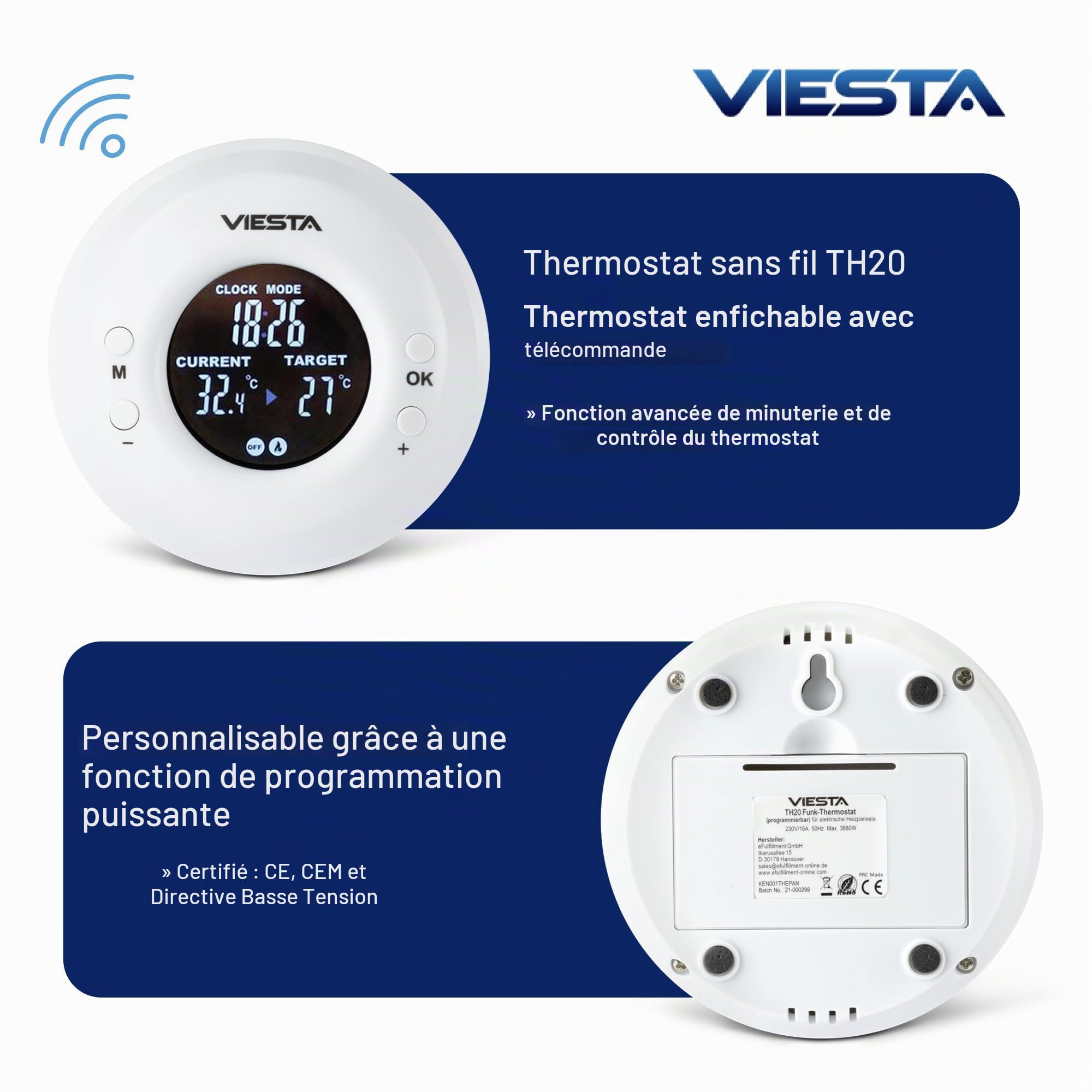 TH20 Thermostat sans Fil à Prise (230V/3600W) – Digital, programmable, avec télécommande, Programme hebdomadaire, minuterie, Commande 2,4 GHz, Modes Confort/Auto/Manuel et Protection antigel