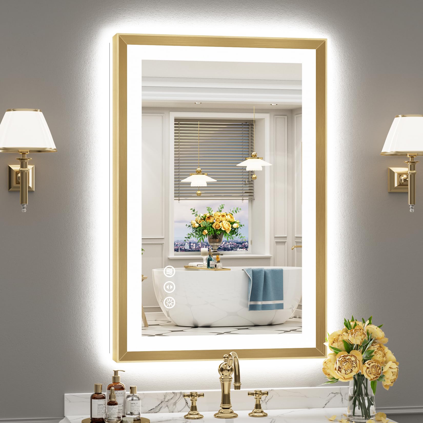 24x36 Gold Beveled LED Lighted Bathroom Mirror, Backlit &amp; Front Lit
