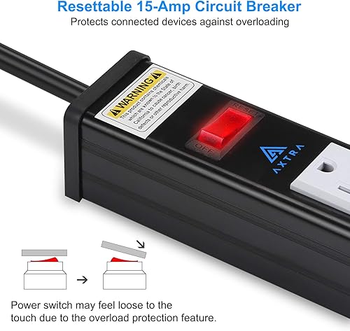 Miniatura 3 de AXTRA Regleta de alimentación de 16 salidas de metal con protector de sobretensiones, cable de extensión de 9 pies, 450 julios, protección de
