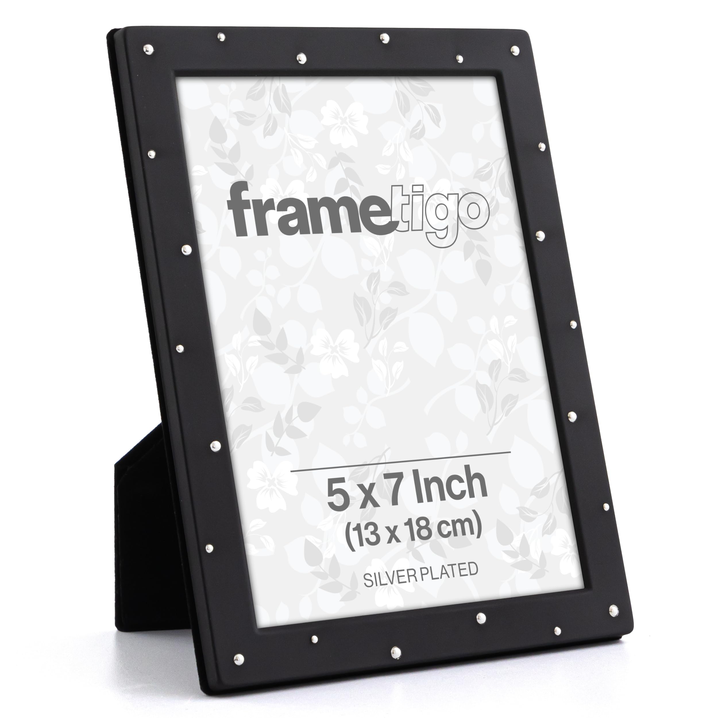 Frametigo Black & Silver - Silver Plated Dot Photo Frame, 5"X7" (13X18cm) Photo Size - Velvet Frame Backing & Stand - Real Glass Window - Tarnish-Resistant - Landscape Or Portrait Orientation