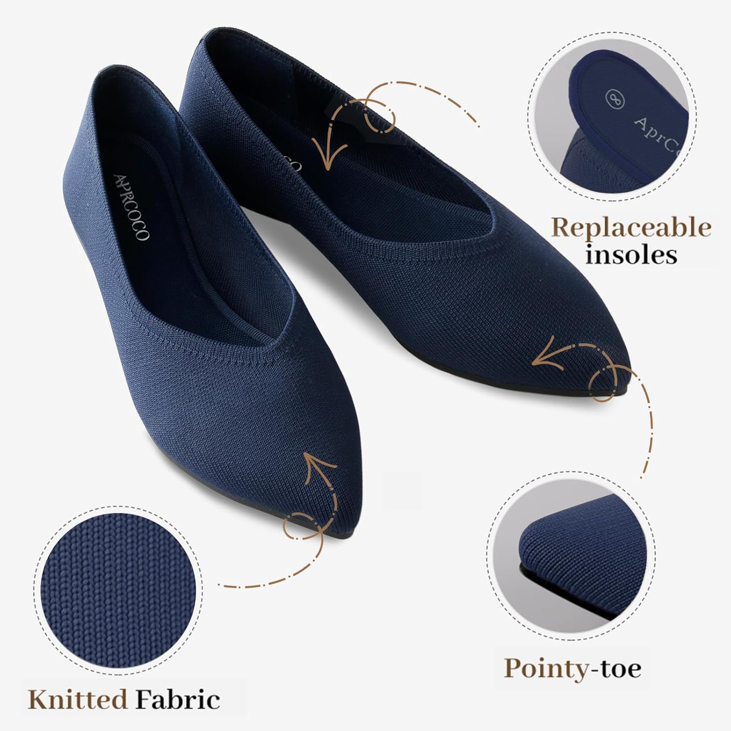 Womens Pointed Toe Flats Knit Dress Washable Flats Slip On Ballet Shoes Women Comfort Office Low Wedge - Image 3