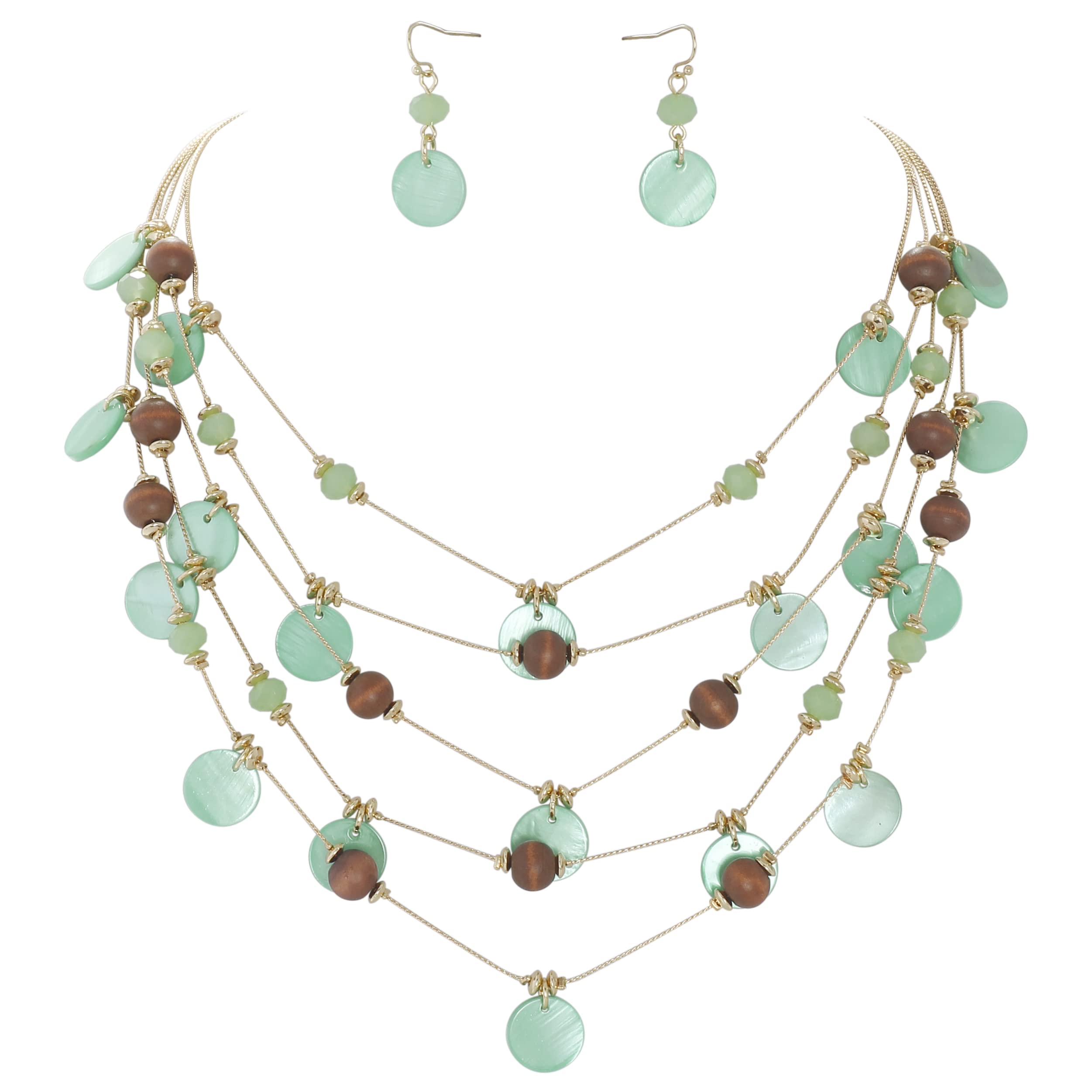 Firstmeet Handmade Multi-Layer Round Shell Wooden Beads Necklace with Earrings