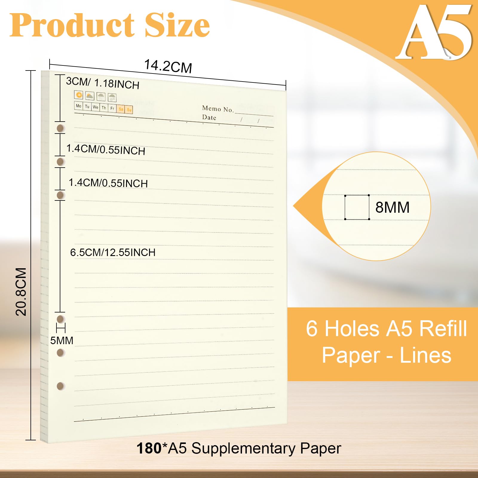 Vicloon A5 Loose Leaf Punched Paper, 180 Pages Horizontal Line Refill Paper - Image 2