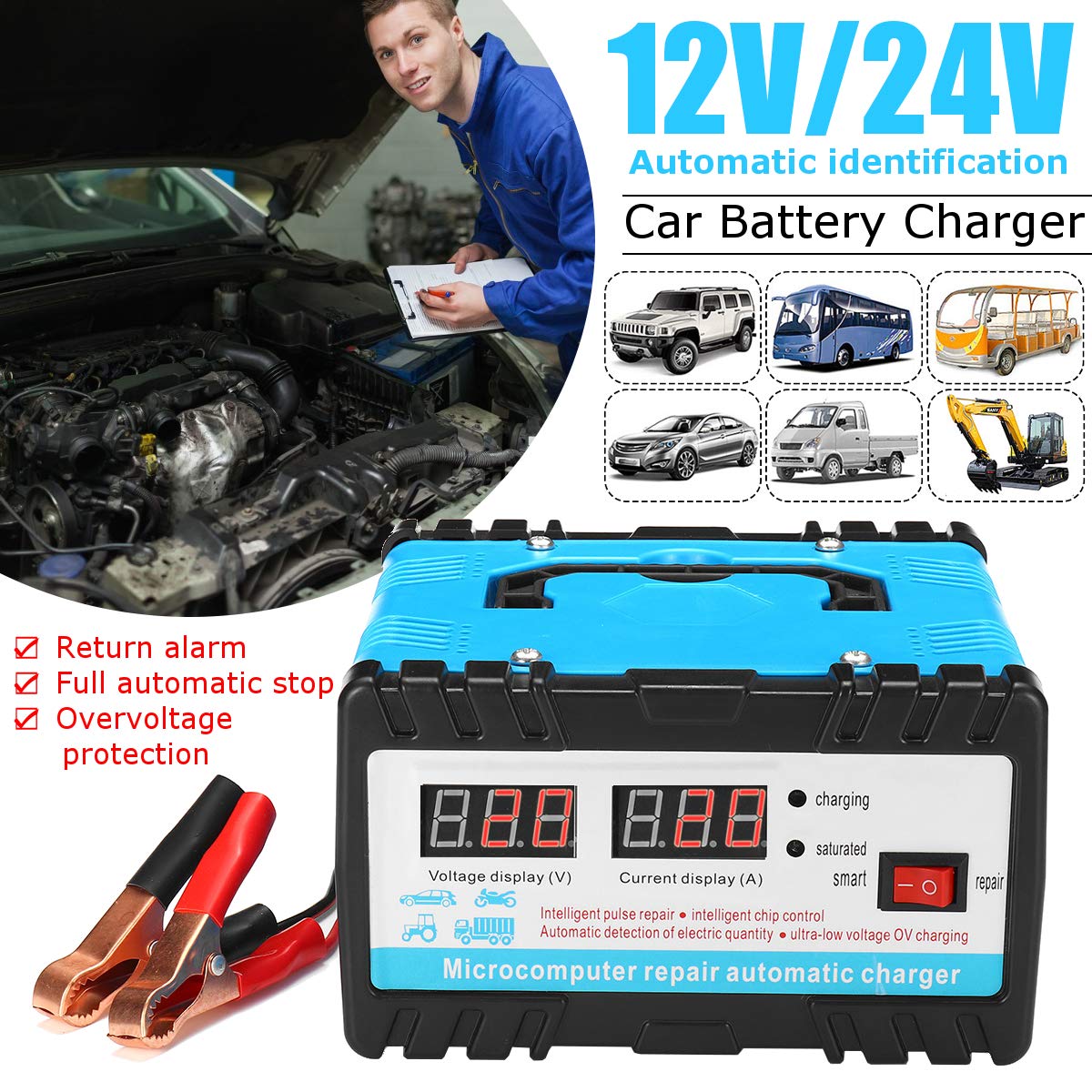 Chargeur de Batterie pour Auto 11 0V / 220V 12V / 24V 6-400AH 20A Chargeur de Batterie de Voiture Automatique complète de Batteries de Motocyclette Automatique Piles d'alimentation (Color : 220V)