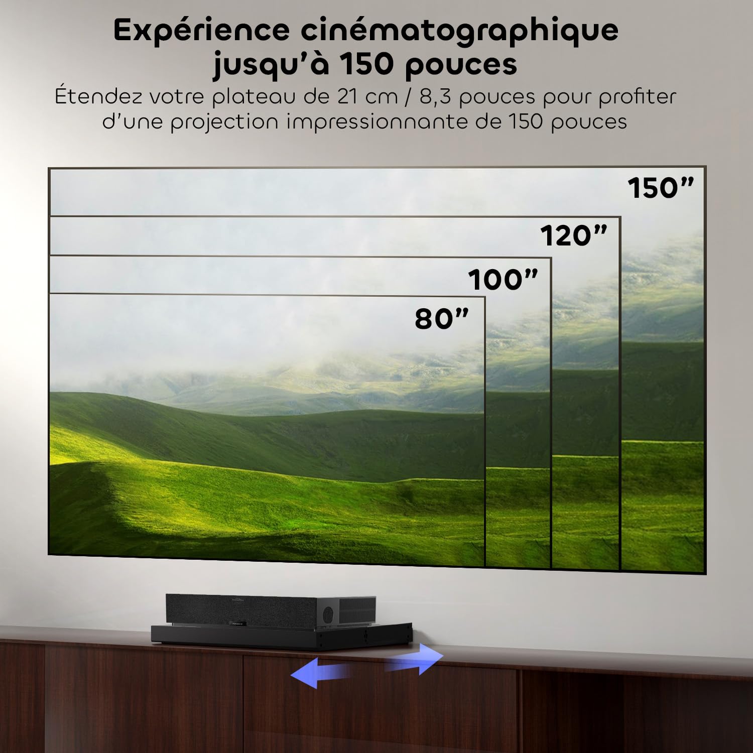 Plateau Coulissant Motorisé pour Projecteurs Ultra-Courte Focale, Extensible 80"-150", Rétractable Automatiquement, Synchronisation Intelligente avec la Puissance du UST Laser TV