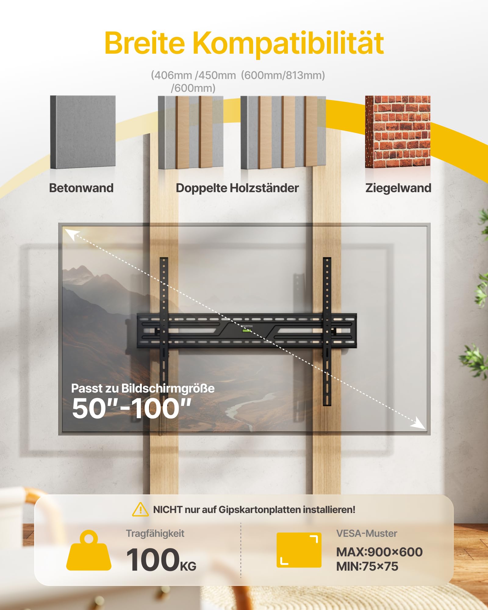 monTEK Ultradünn TV Wandhalterung für 50–100 Zoll LCD/LED/Plasma | Neigbar, Bis zu 100kg Tragkraft, Verstellbare Zugschnüre, Max. VESA 900x600