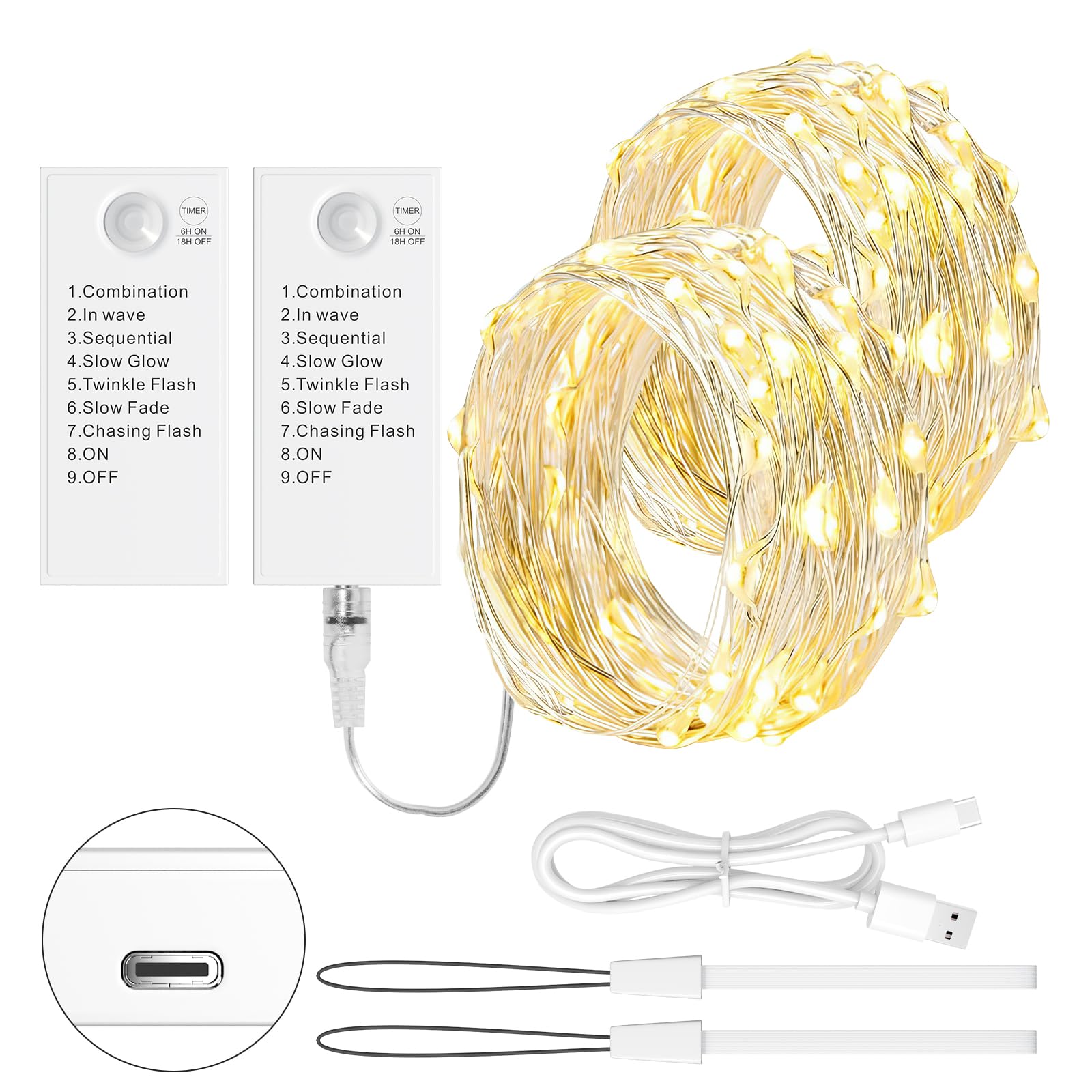 LED Lichterkette 5M mit wiederaufladbarem Batteriefach,50 LEDs, 8 Modi & Timer, Silberdraht Lichterkette für Weihnachten, Hochzeit, Innen Deko, Party (Warm weiß, 2 Stück)