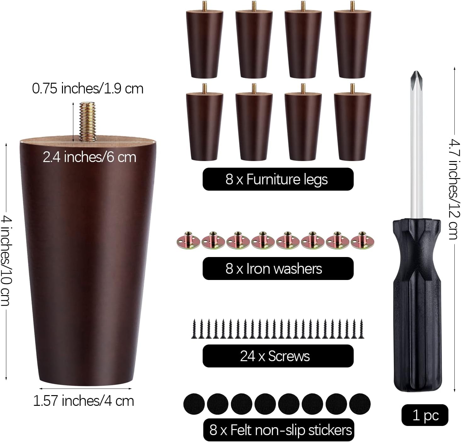 turstin 8 pieces furniture legs 4 inches round solid wood furniture feet with m8 t-nuts couch legs sofa leg replacement leg for armchair, cabinet, chair, dresser or home diy projects, brown 4 inches brown