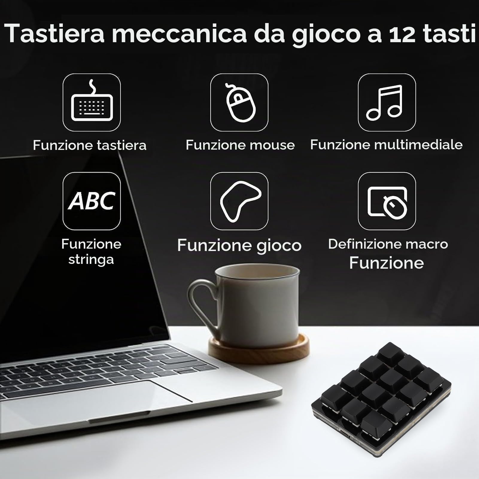 Bewinner Tastiera Meccanica Programmabile con una Sola Mano, Tastiera da Gioco Meccanica RGB a 12 Tasti, Tastiera Macro Programmabile con Interruttore Rosso per Linux, per OS X, per (BLACK)