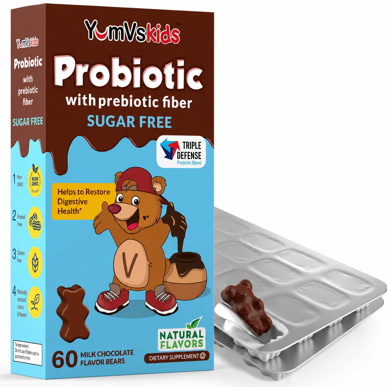 YumVs Probiotics for Kids with Prebiotic Fiber Sugar Free Chocolate Chewable Supplements