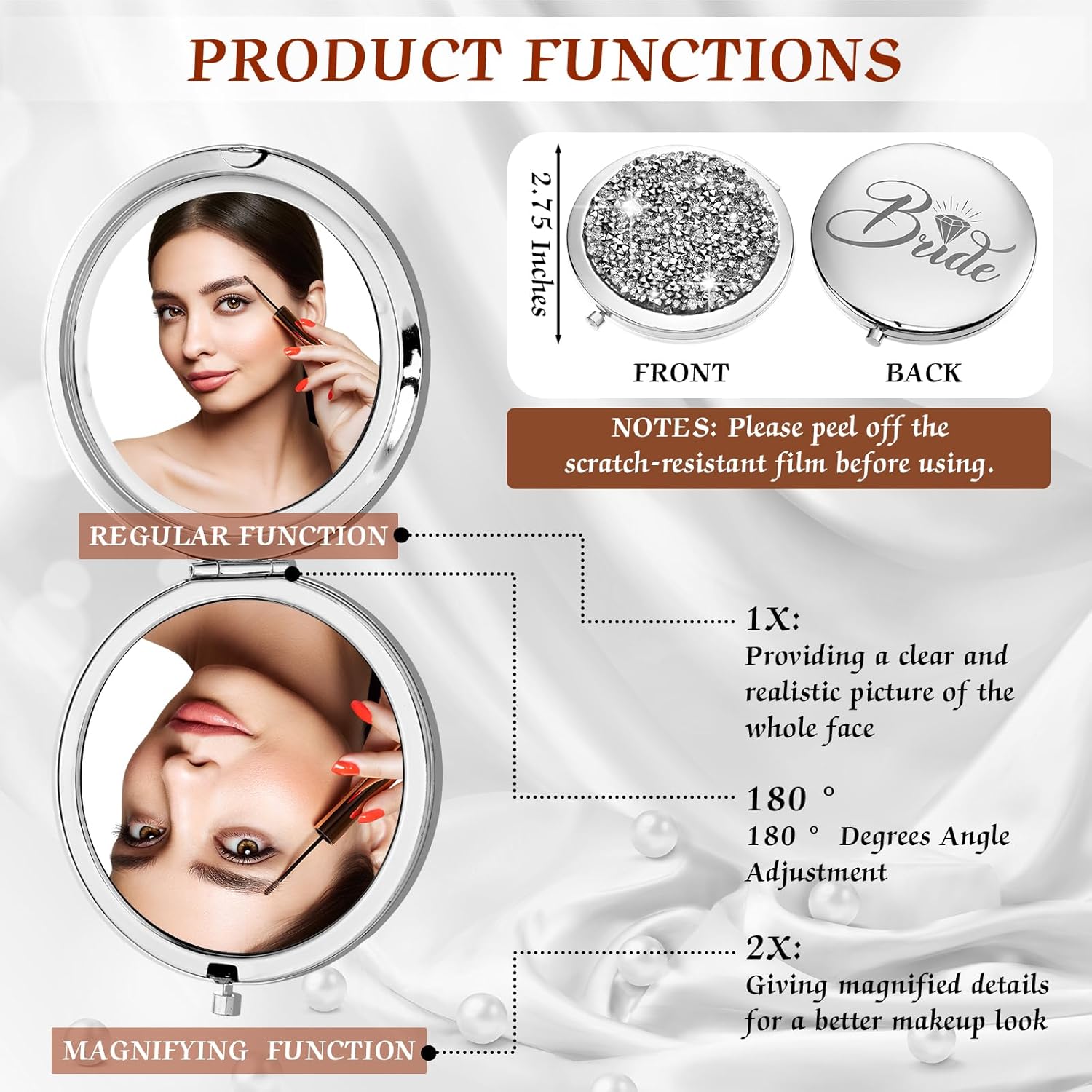 Barydat 10 Pieces Bridesmaid Gifts Set Magnifying Compact Mirror Bride I Do Crew Bridesmaid Proposal Gifts Travel Small Mirror for Purse Makeup Pocket Mirror for Women Wedding Party (Silver) - Image 3