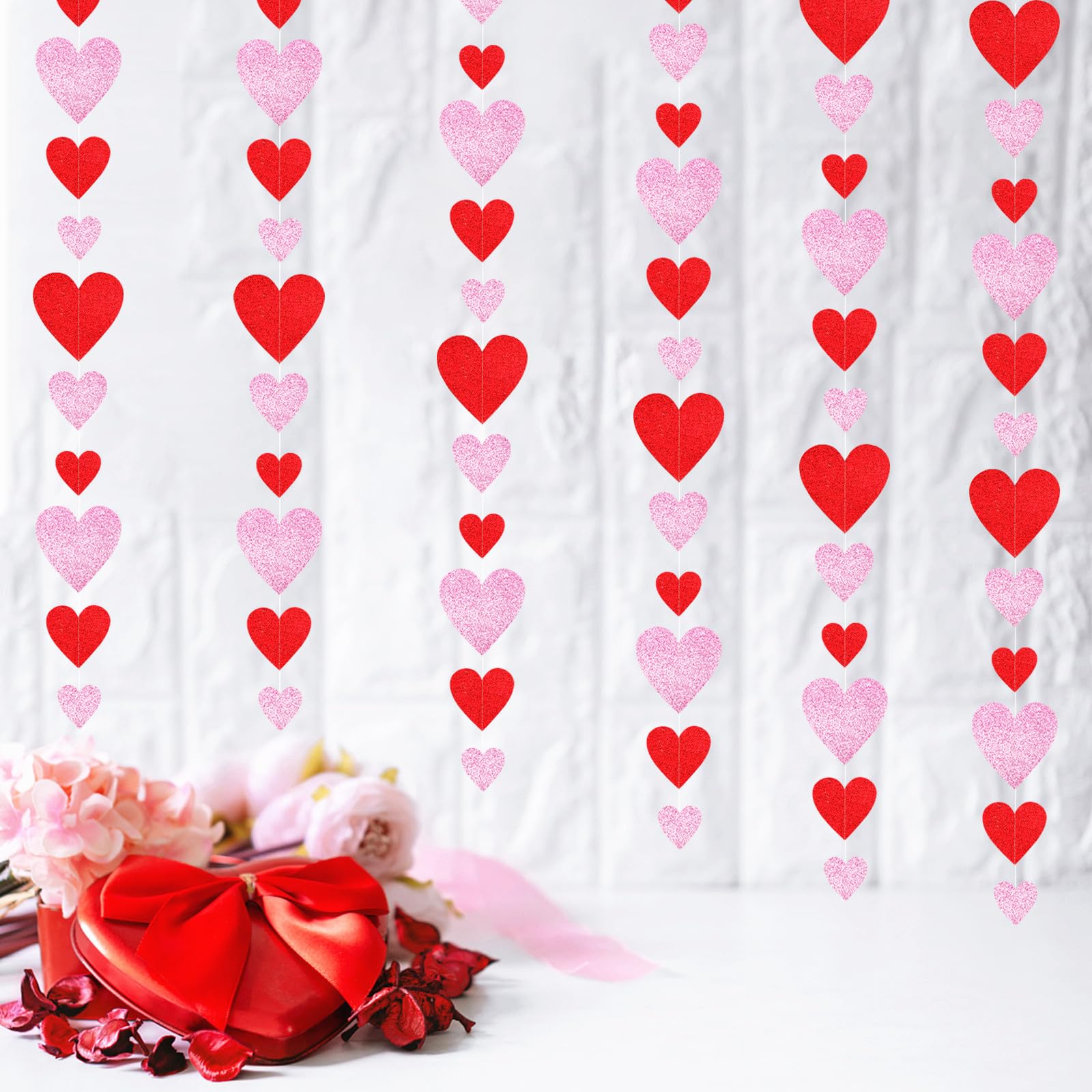 Guirnalda de corazón para decoración de fiesta del día de San Valentín, 6 serpentinas colgantes de amor rosa y rojo, romántica noche especial, baby shower, boda, aniversario, galentinas, decoración de